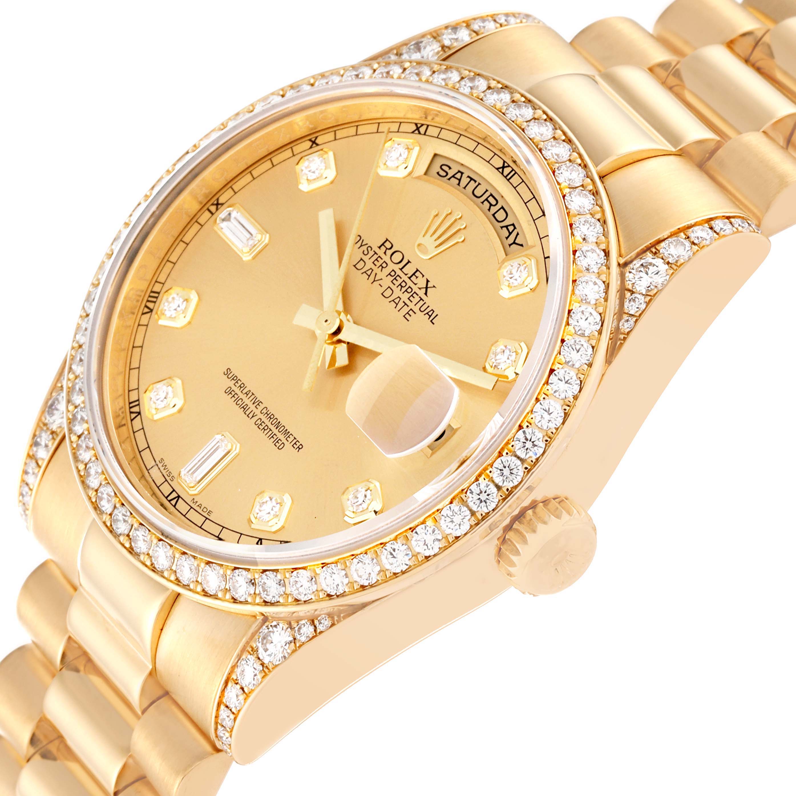 This close-up image of the Rolex President 118388 Men
s Yellow Gold Champagne Dial 118388 Men
s Yellow Gold Champagne Dial model showcases the dial, bezel, crown, and part of the bracelet, angled from the front-right side.