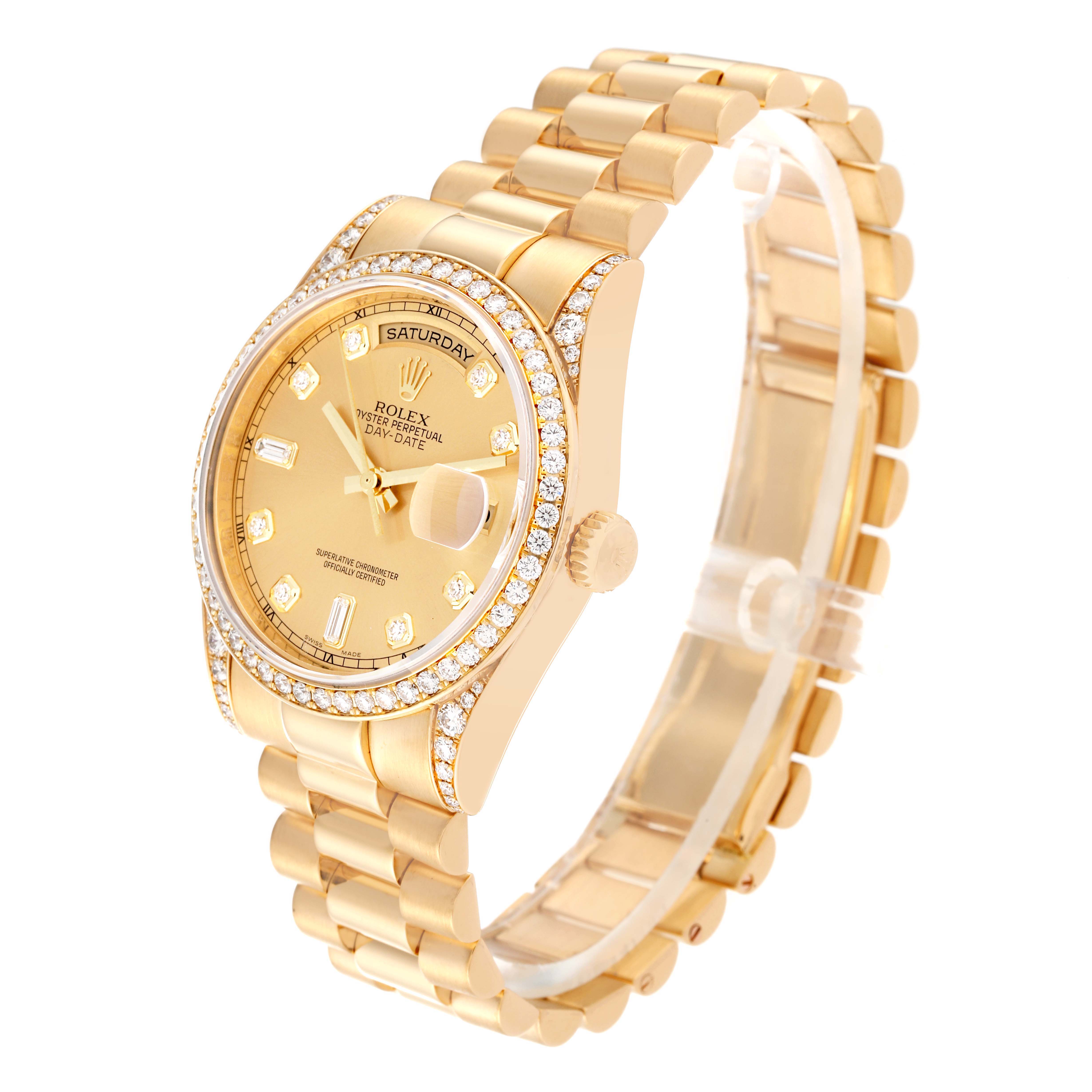 This is a side-angle view of a Rolex President 118388 Men
s Yellow Gold Champagne Dial 118388 Men
s Yellow Gold Champagne Dial model watch, showing the face, bezel, case, and bracelet.