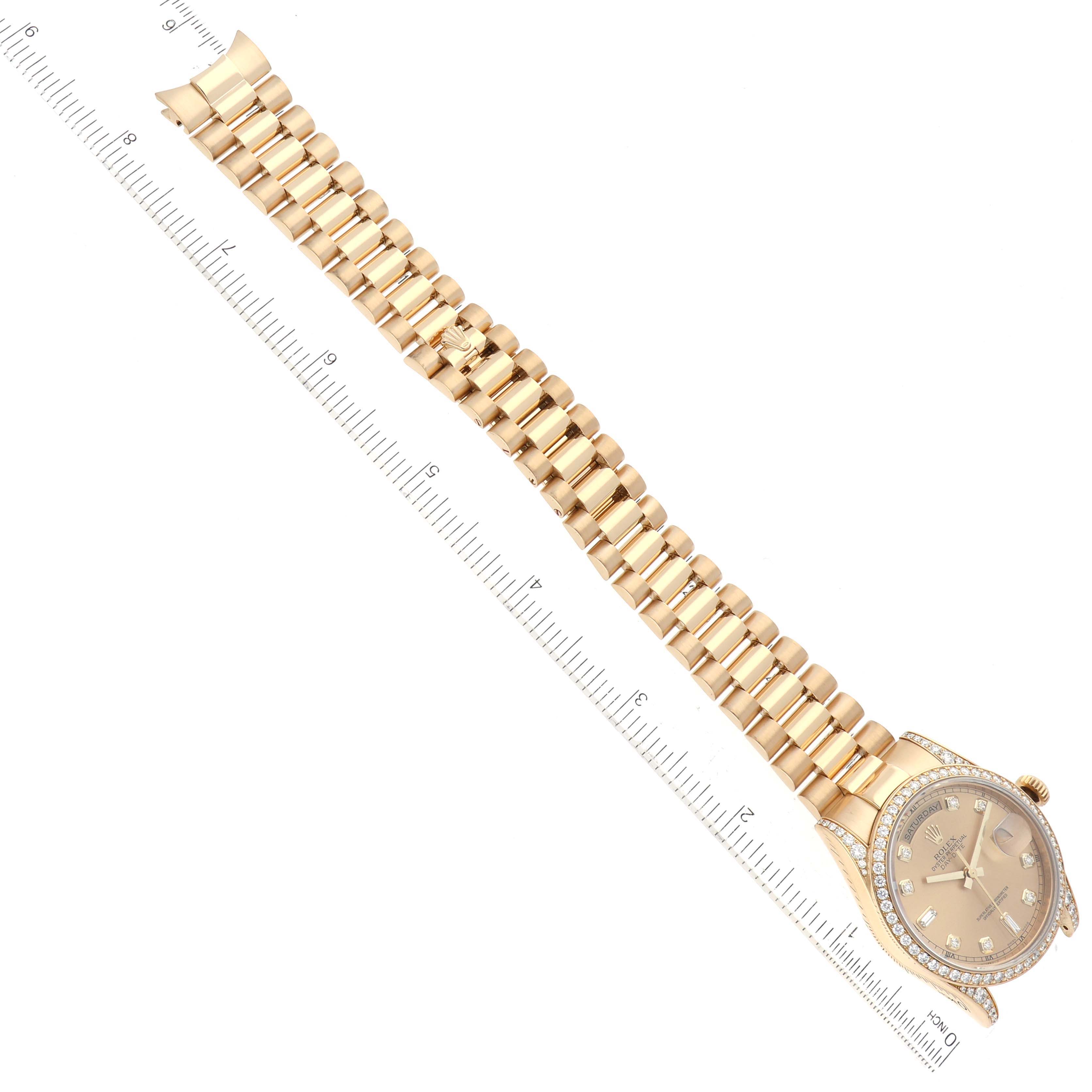 This image shows a Rolex President 118388 Men
s Yellow Gold Champagne Dial 118388 Men
s Yellow Gold Champagne Dial model watch with a full view of the gold band and face, angled diagonally.