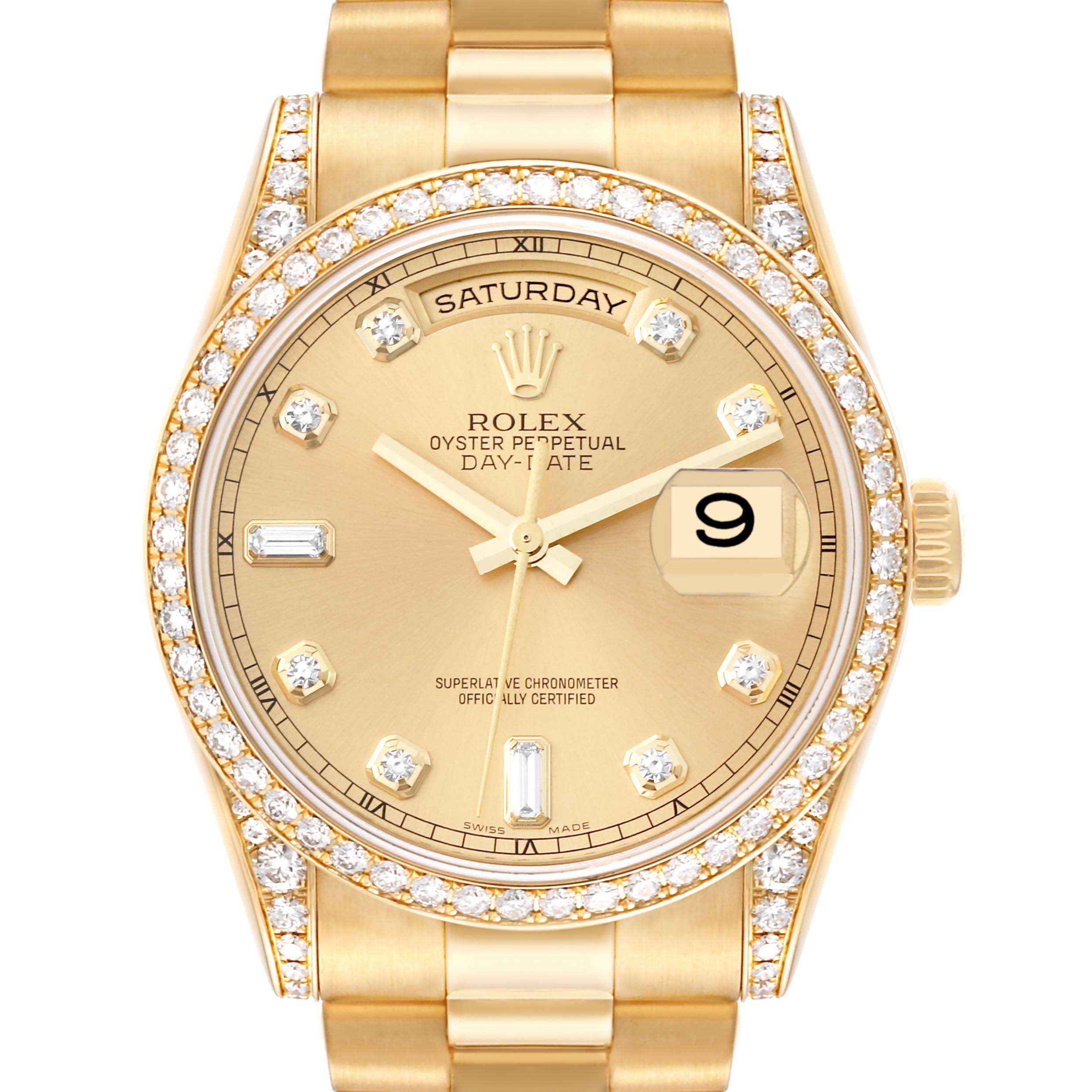 The image shows a frontal view of the Rolex President 118388 Men
s Yellow Gold Champagne Dial 118388 Men
s Yellow Gold Champagne Dial Day-Date watch, highlighting its gold casing, diamond bezel, and dial.