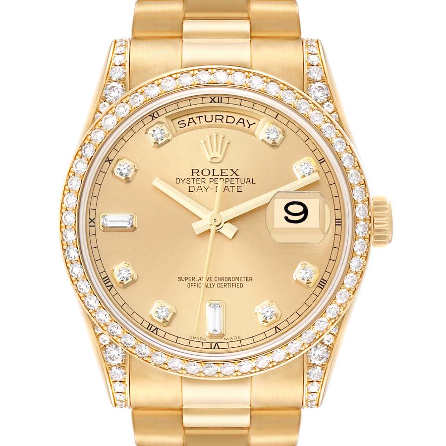 The image shows a frontal view of the Rolex President Day-Date watch, highlighting its gold casing, diamond bezel, and dial.