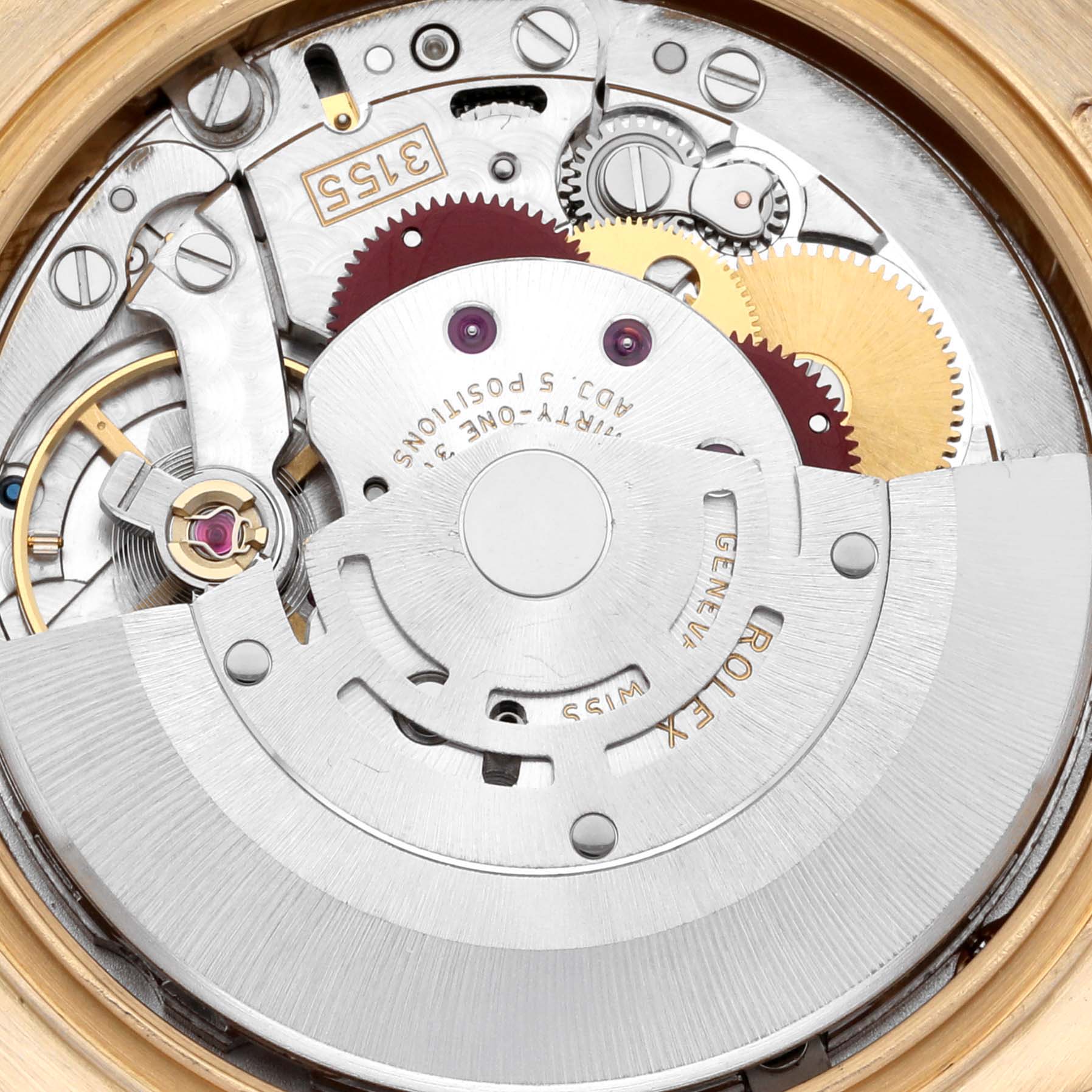 This image shows the internal mechanism and movement of the Rolex President 118388 Men
s Yellow Gold Champagne Dial 118388 Men
s Yellow Gold Champagne Dial model watch viewed from the back.