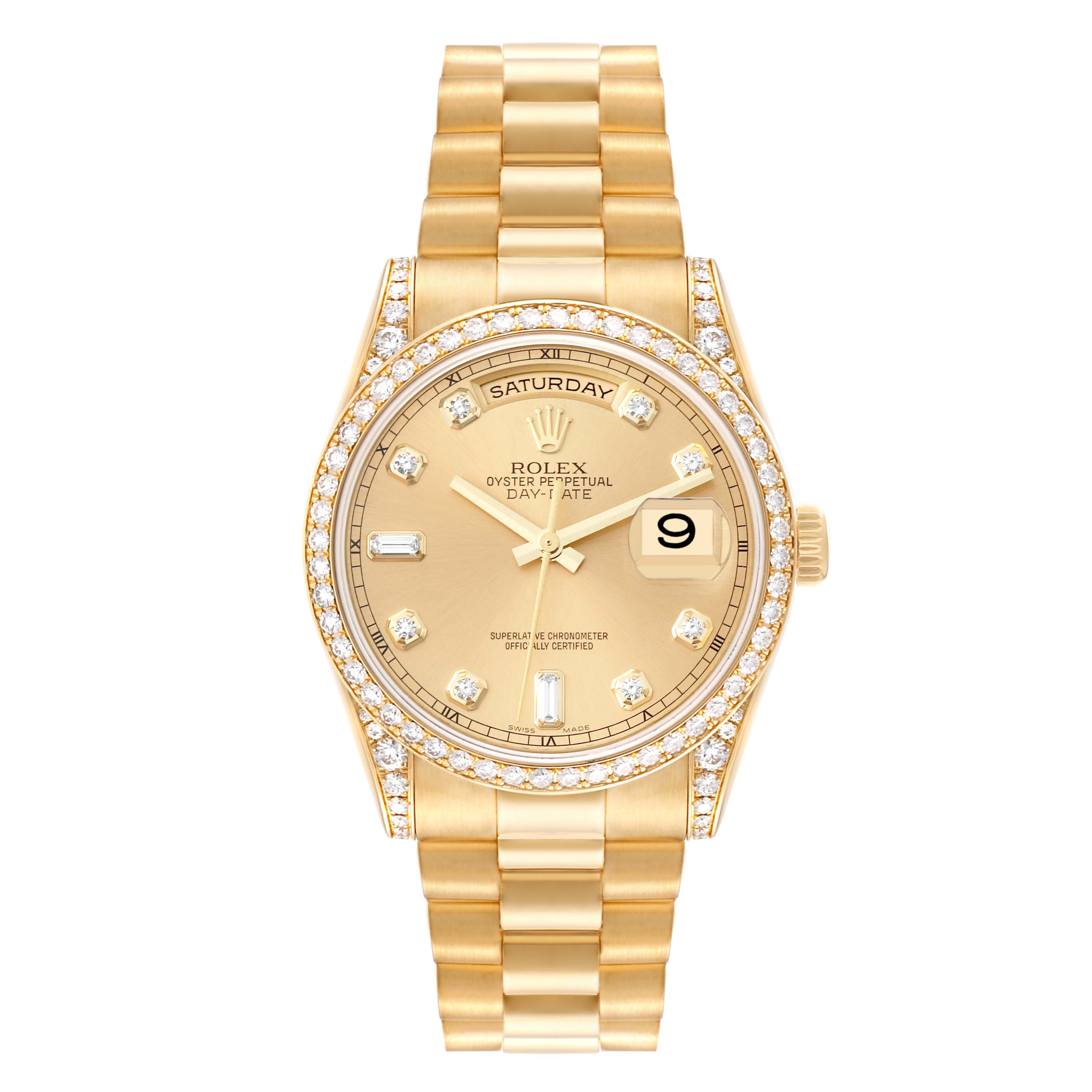The image shows a front view of a Rolex President 118388 Men
s Yellow Gold Champagne Dial 118388 Men
s Yellow Gold Champagne Dial model watch, featuring its face, bezel, and bracelet.