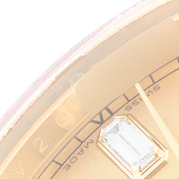 This image shows a close-up of the dial and a diamond marker on the Rolex President 118388 Men
s Yellow Gold Champagne Dial 118388 Men
s Yellow Gold Champagne Dial model watch.