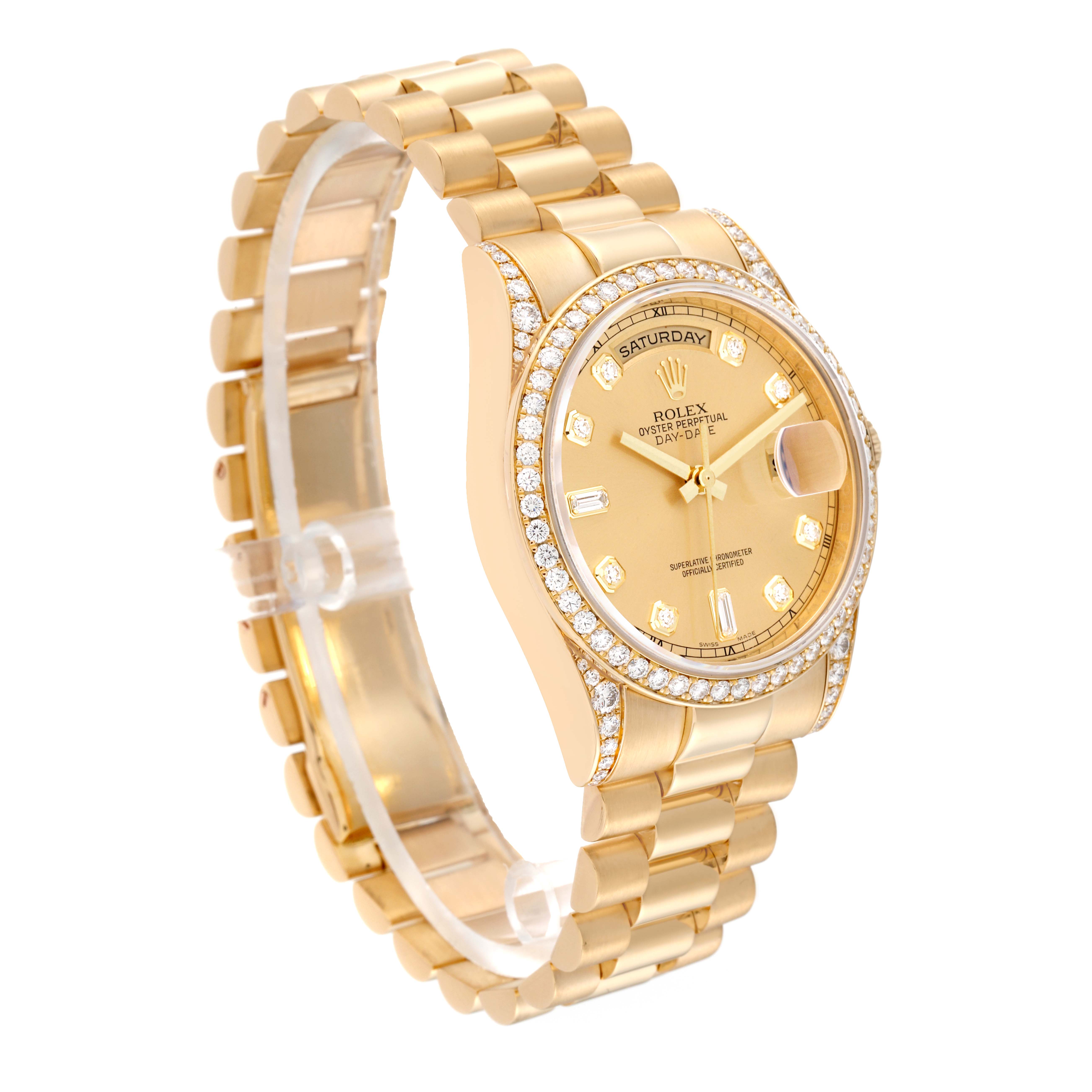 This image shows a Rolex President 118388 Men
s Yellow Gold Champagne Dial 118388 Men
s Yellow Gold Champagne Dial model watch at a three-quarter angle, highlighting its gold bracelet and diamond-encrusted bezel and dial.