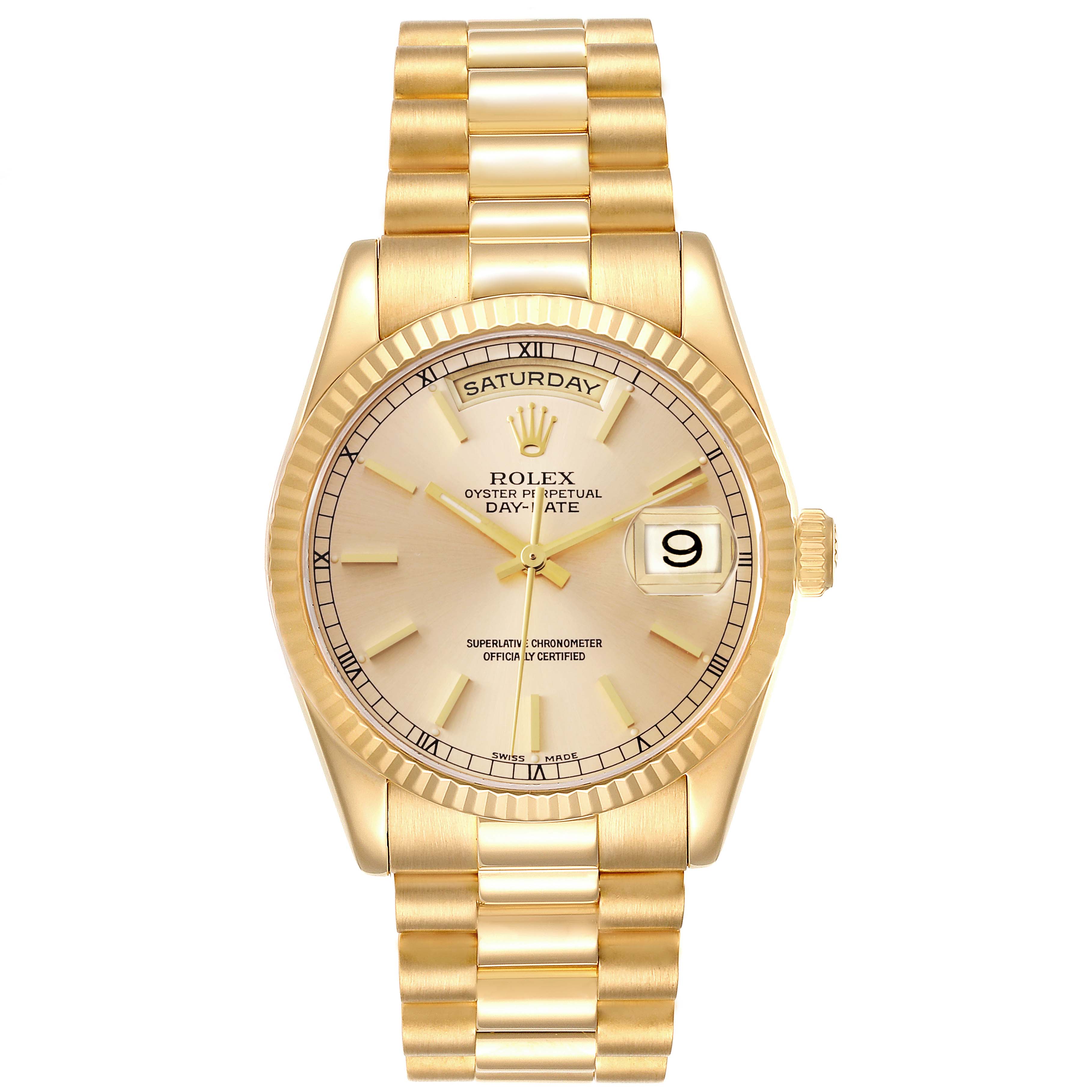 This image shows a front view of the Rolex President 118238 Men
s Yellow Gold Champagne Dial 118238 Men
s Yellow Gold Champagne Dial model watch, highlighting the dial, bezel, hands, bracelet, and crown.