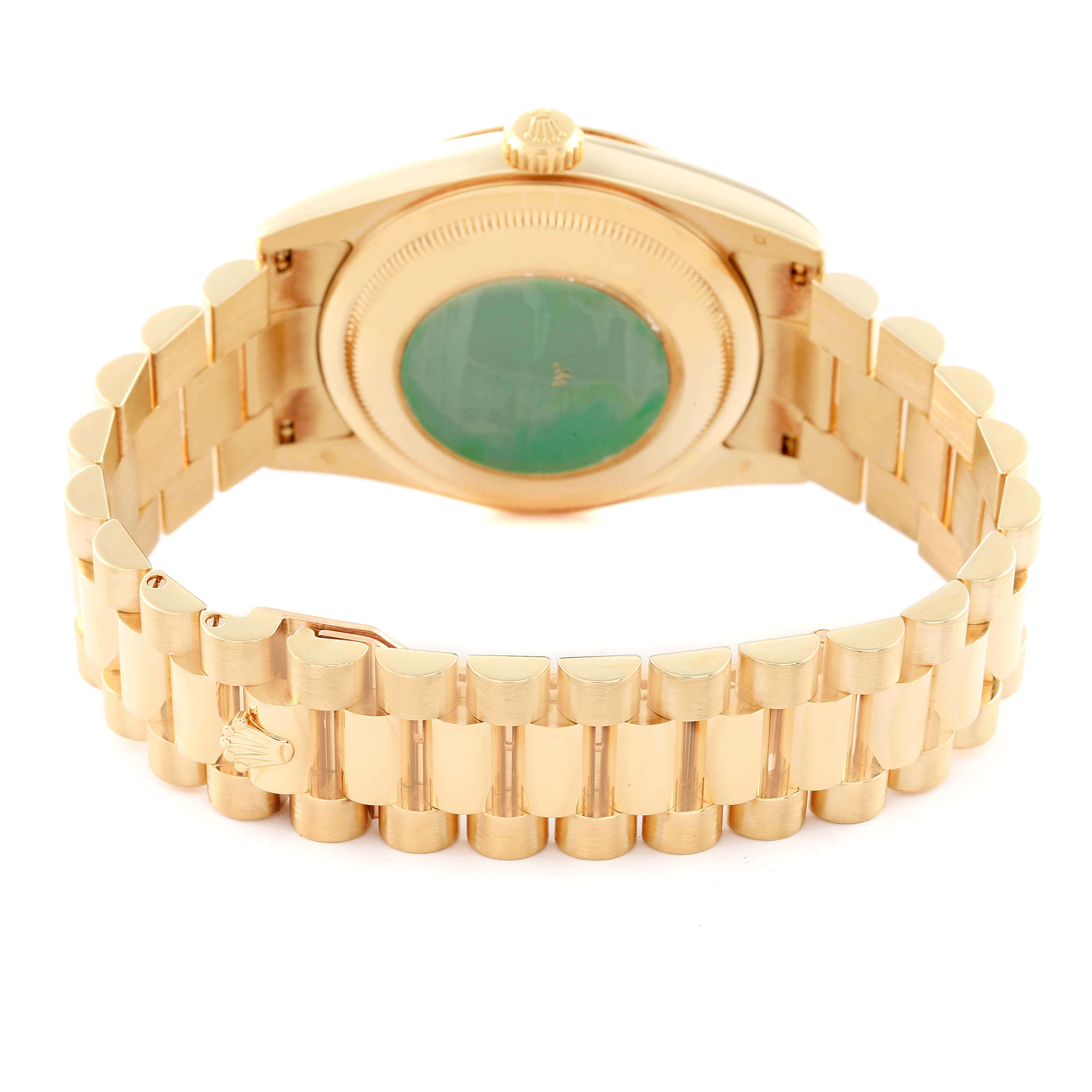 The image shows the back and bracelet of the Rolex President 118238 Men
s Yellow Gold Champagne Dial 118238 Men
s Yellow Gold Champagne Dial model watch at an angle.