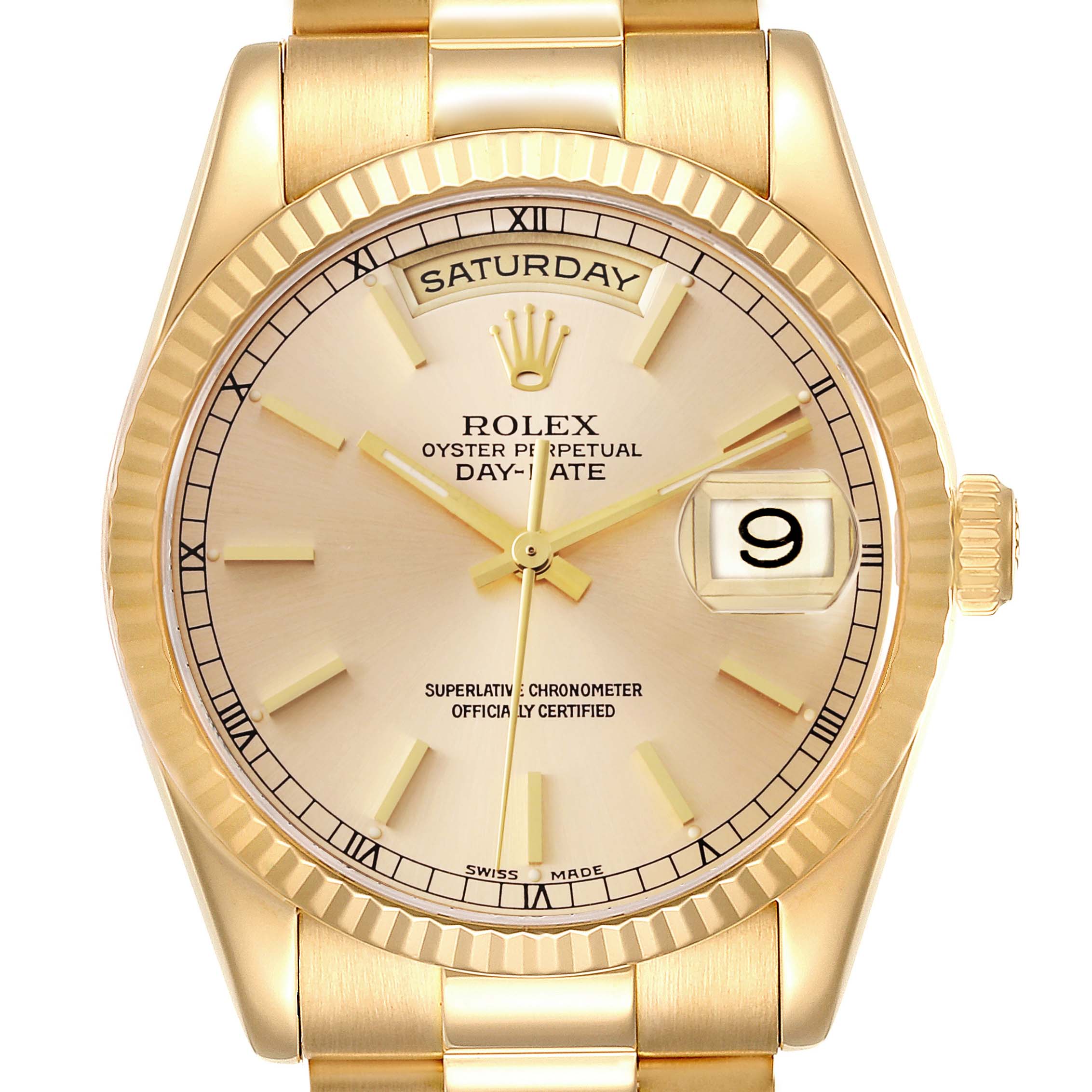 This is a frontal view of the Rolex President 118238 Men
s Yellow Gold Champagne Dial 118238 Men
s Yellow Gold Champagne Dial model watch, showcasing its dial, day-date display, and gold bracelet.