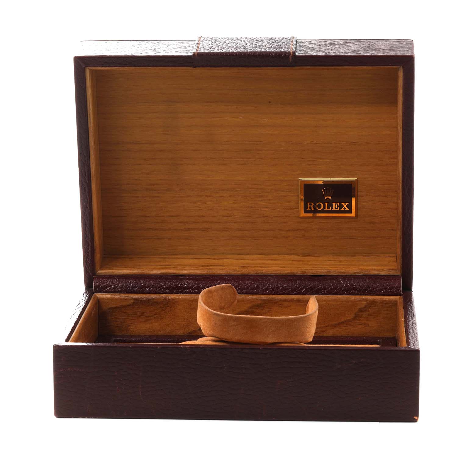The image shows an open, empty Rolex President 118238 Men
s Yellow Gold Champagne Dial 118238 Men
s Yellow Gold Champagne Dial watch box viewed from the front.