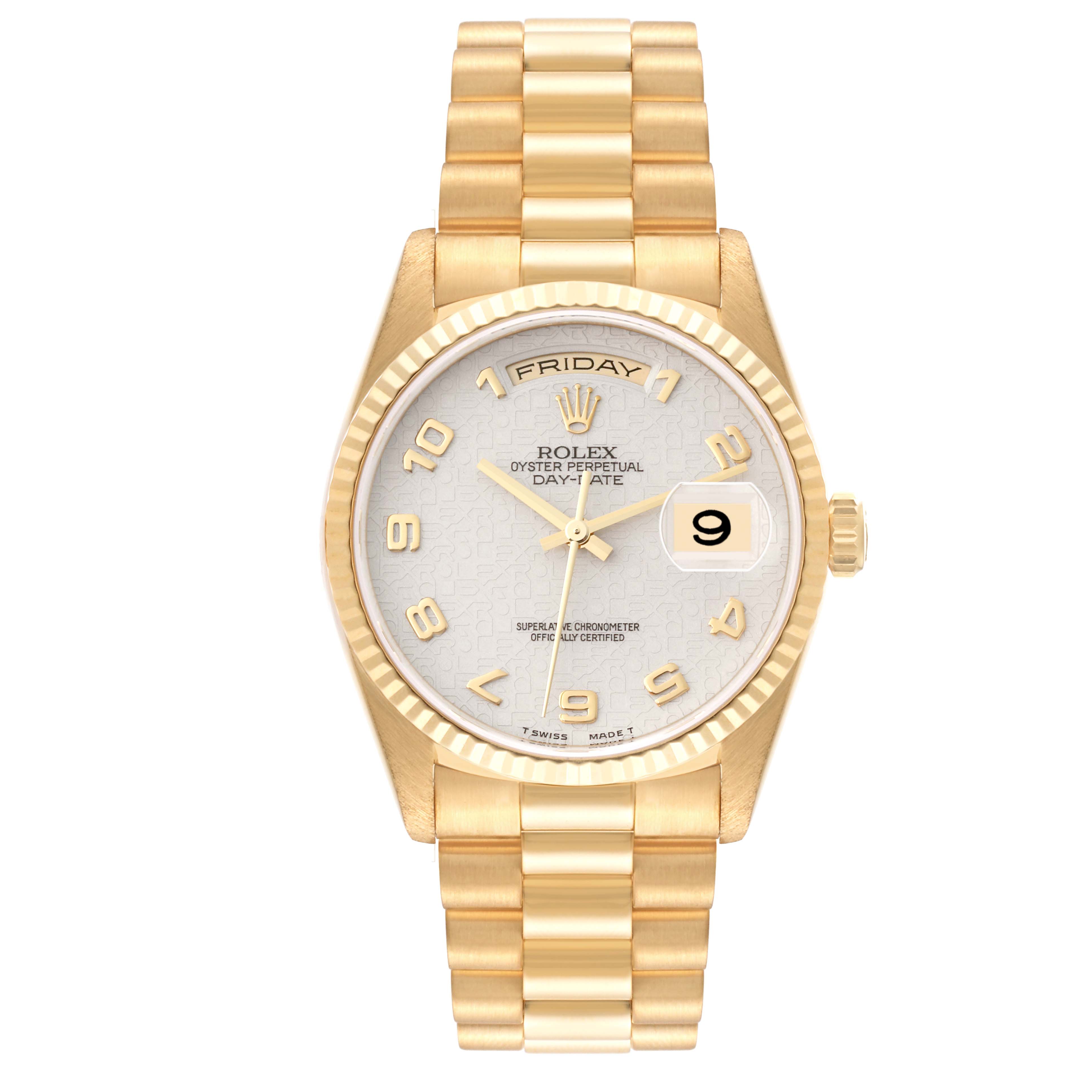 The image shows a front view of a Rolex President 18238 Men's Yellow Gold White Dial 18238 Men's Yellow Gold White Dial model watch displaying the dial, bezel, bracelet, and crown.