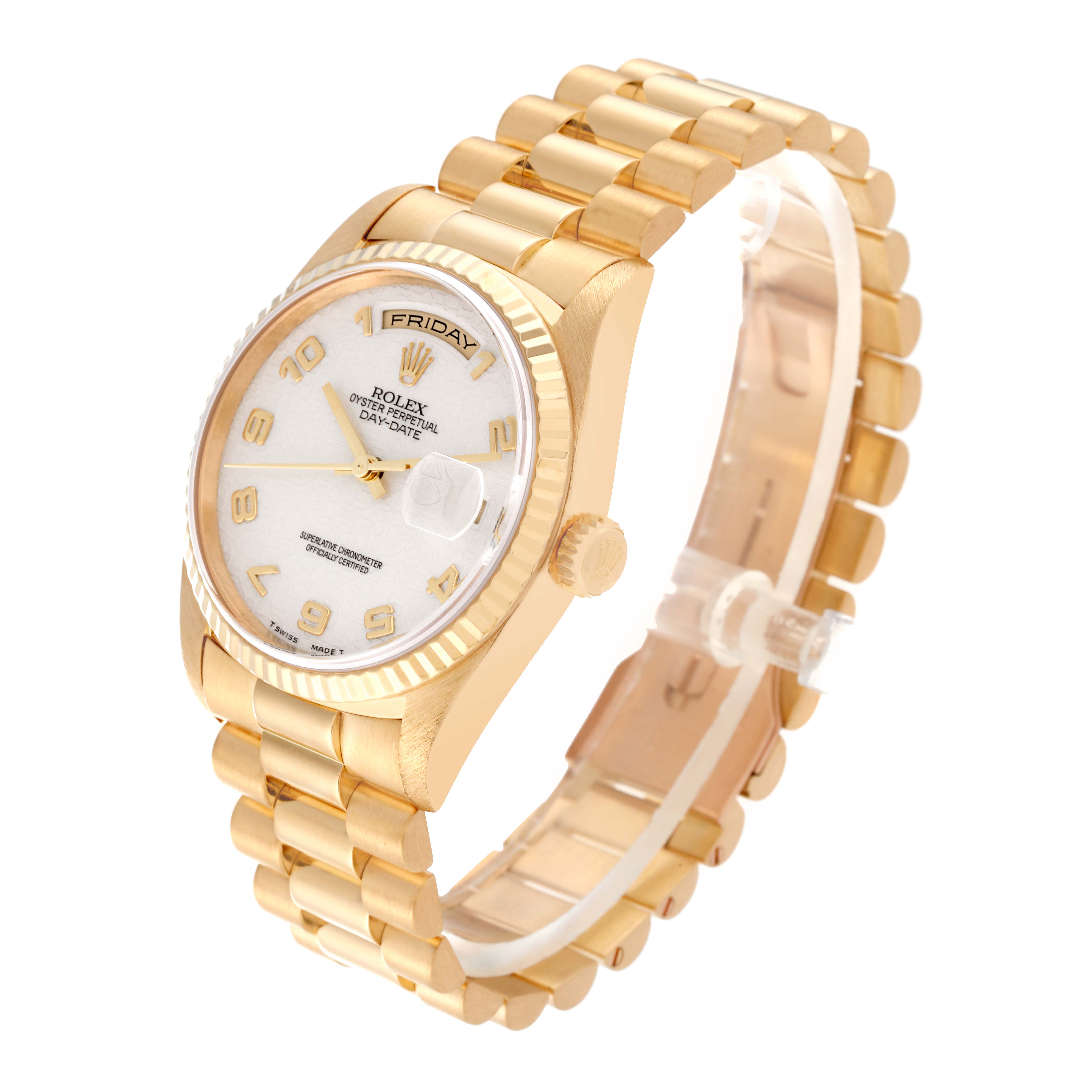 This image shows a side angle of a Rolex President 18238 Men's Yellow Gold White Dial 18238 Men's Yellow Gold White Dial model watch, highlighting its gold case, dial, and bracelet.