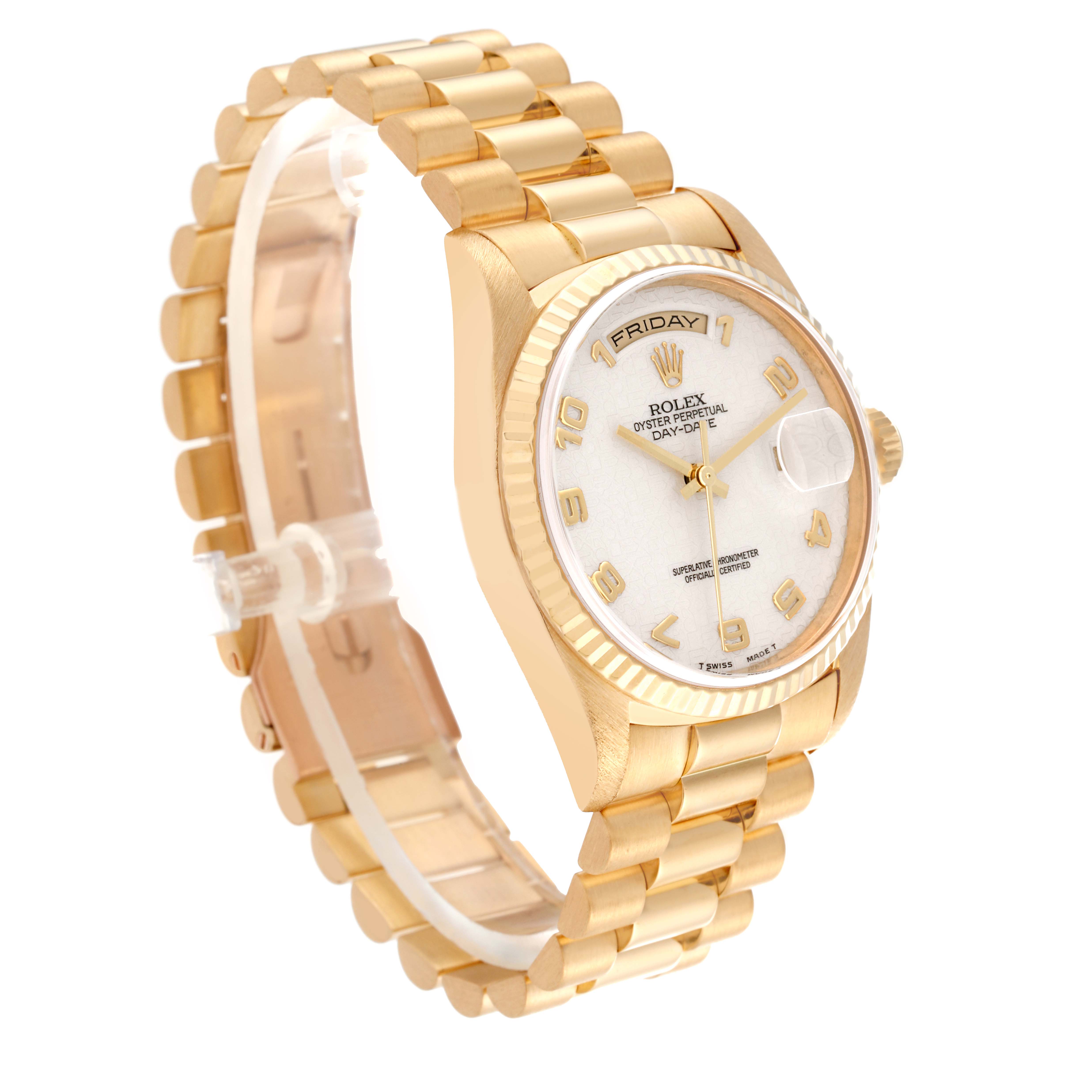 This image shows a gold Rolex President 18238 Men's Yellow Gold White Dial 18238 Men's Yellow Gold White Dial model watch angled to display its face, bezel, crown, and bracelet.