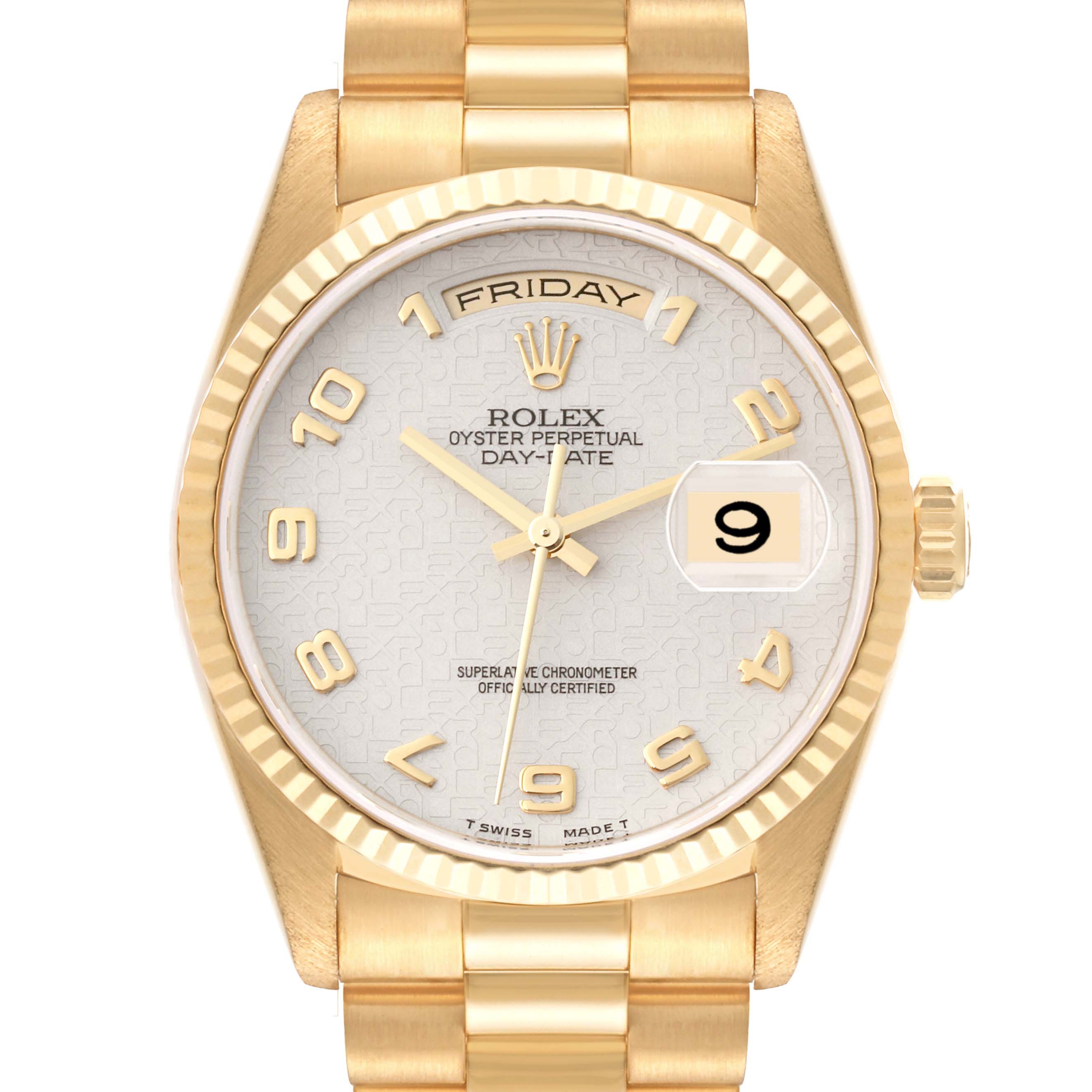 The Rolex President 18238 Men's Yellow Gold White Dial 18238 Men's Yellow Gold White Dial model watch is shown from a front angle, featuring its gold band, dial, day-date display, and the crown at the side.