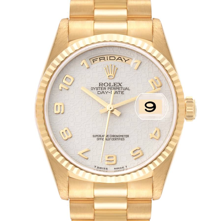 The Rolex President model watch is shown from a front angle, featuring its gold band, dial, day-date display, and the crown at the side.