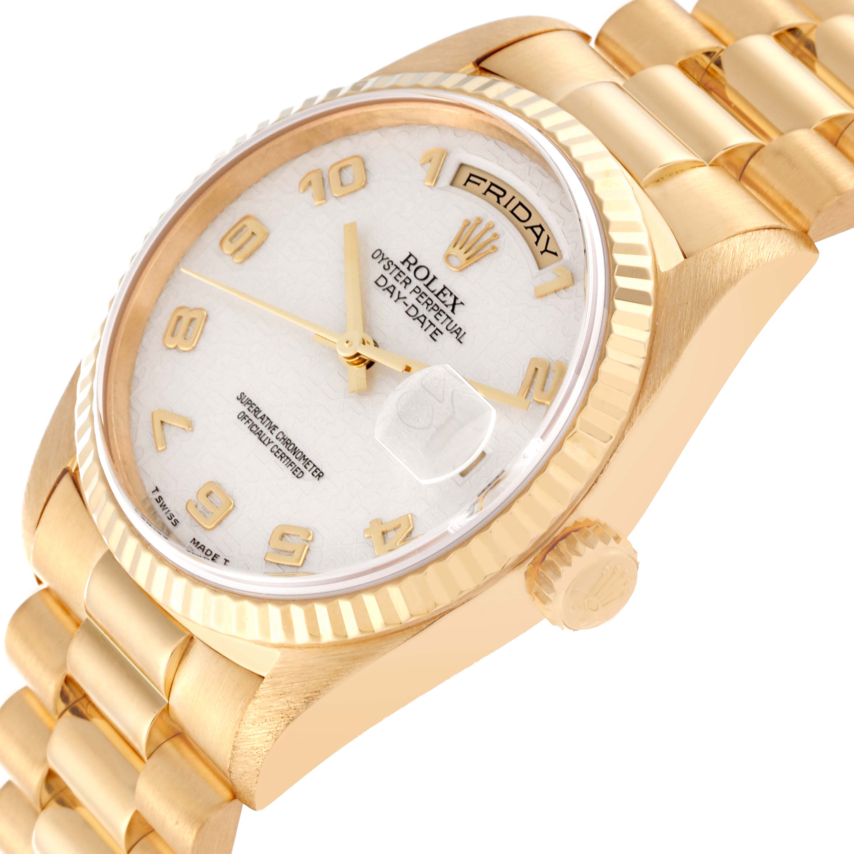 The image shows a close-up angle of a Rolex President 18238 Men's Yellow Gold White Dial 18238 Men's Yellow Gold White Dial model watch, focusing on the face, bezel, crown, and part of the bracelet.