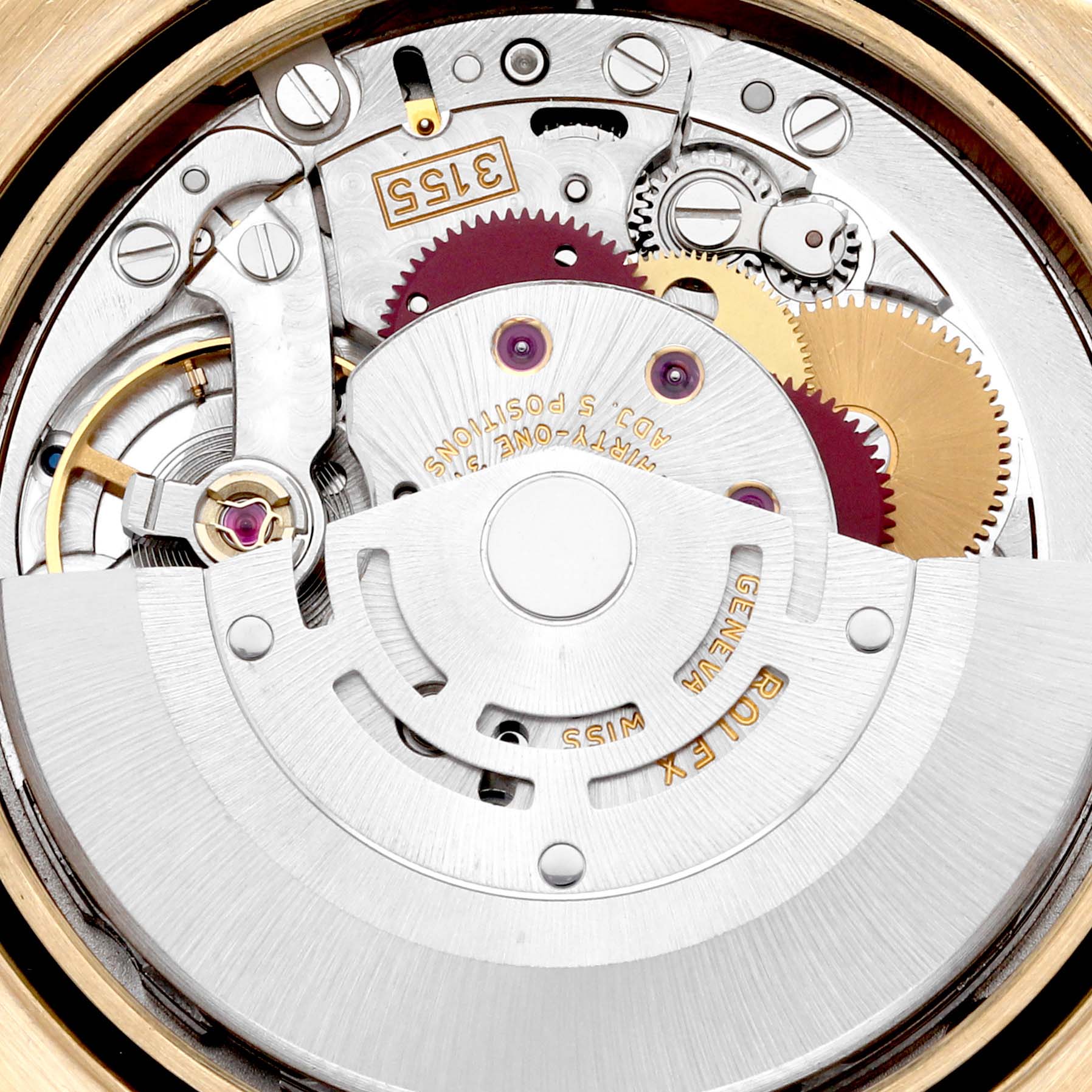 This is a close-up view of the inner mechanical movement of the Rolex President 18238 Men's Yellow Gold White Dial 18238 Men's Yellow Gold White Dial model watch.
