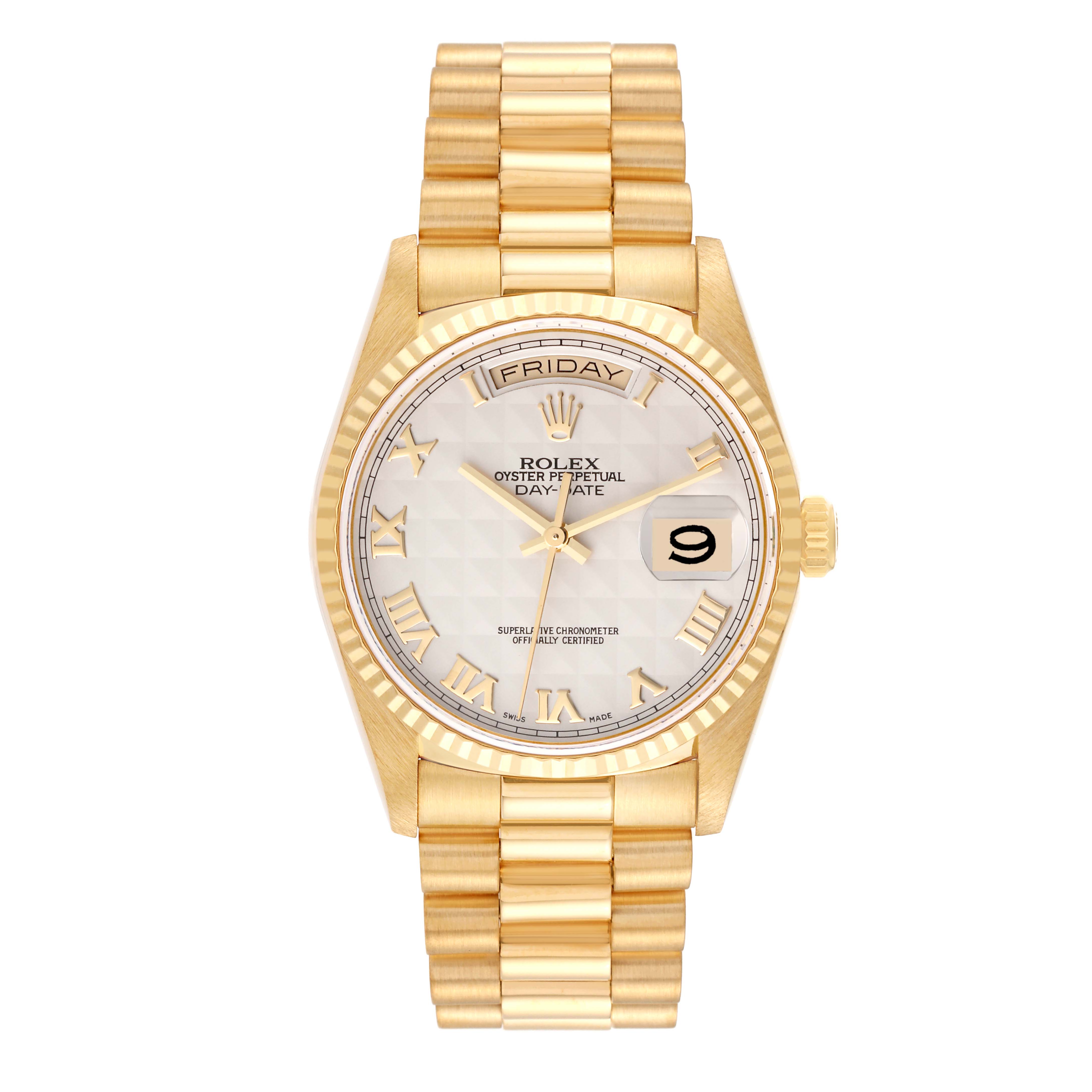 The image shows a frontal view of a Rolex President 18238 Men
s Yellow Gold White Dial 18238 Men
s Yellow Gold White Dial model watch, including the dial, bracelet, and crown.