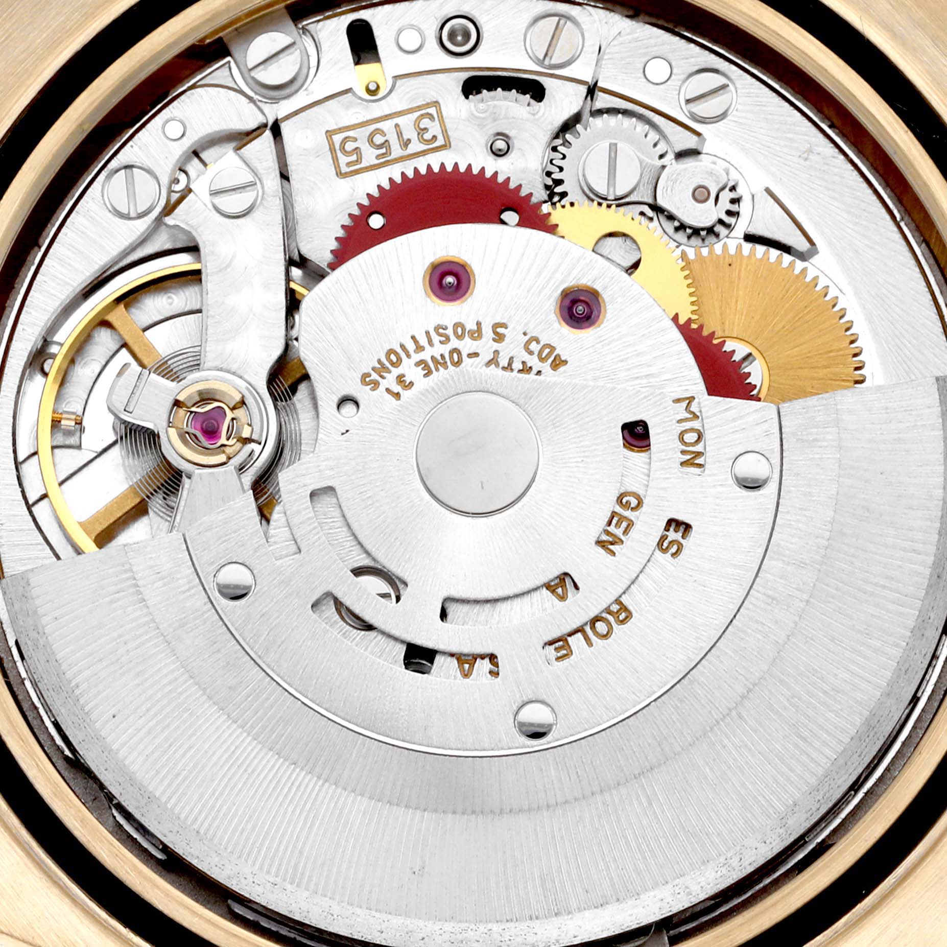 This is a close-up view of the inner mechanical movement of a Rolex President 18238 Men
s Yellow Gold White Dial 18238 Men
s Yellow Gold White Dial watch.