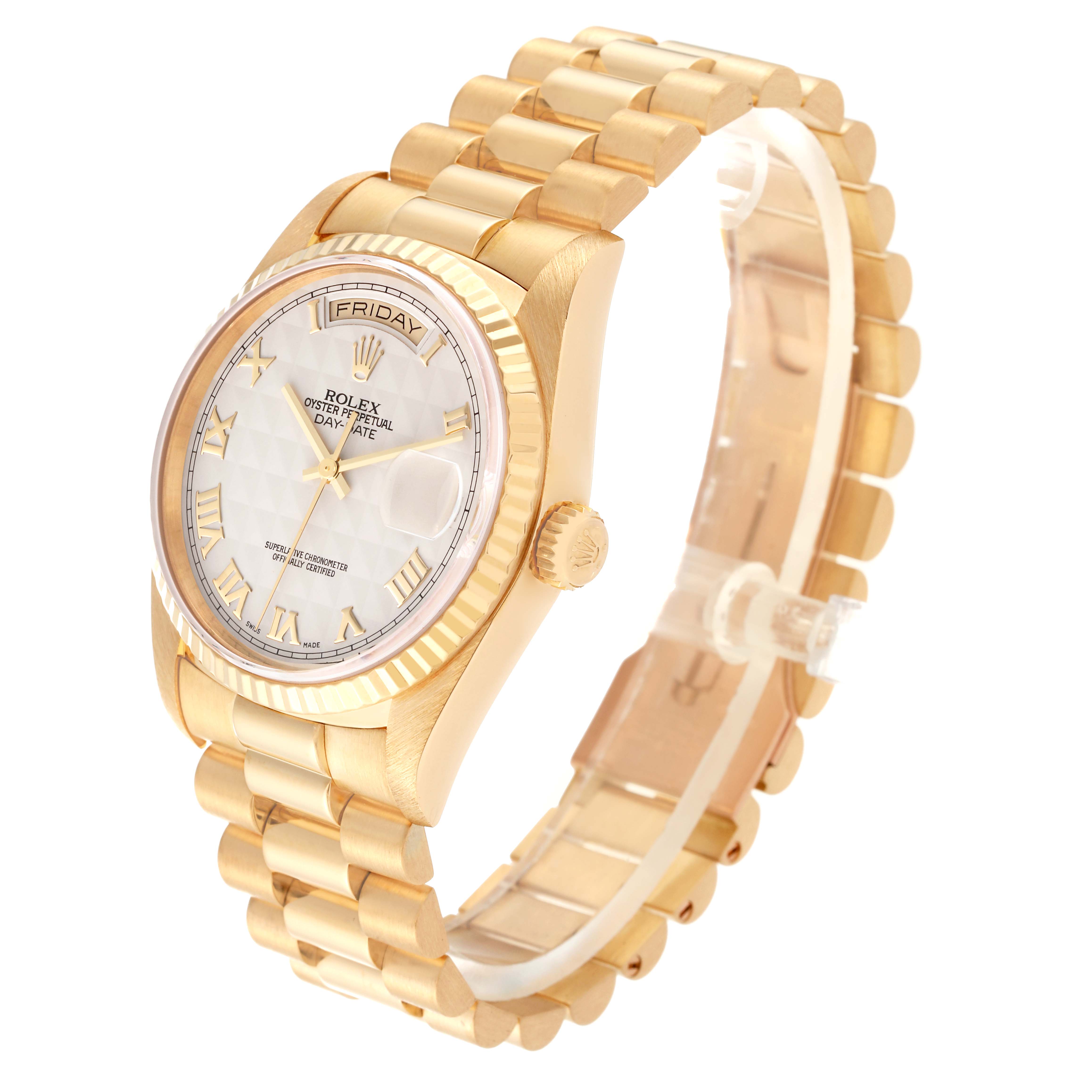 This image shows a Rolex President 18238 Men
s Yellow Gold White Dial 18238 Men
s Yellow Gold White Dial model watch at a slight angle, highlighting the dial, bezel, bracelet, and crown.