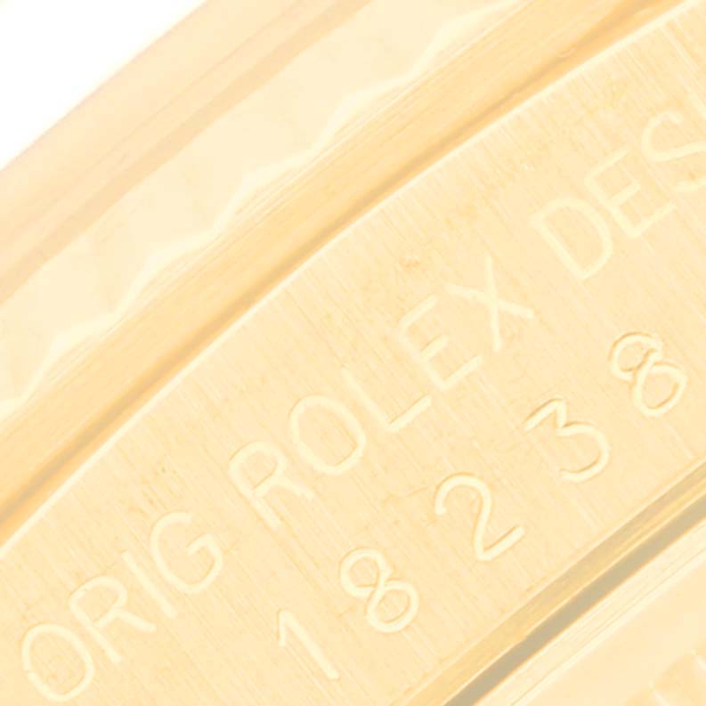 This close-up image shows the engraved model number and branding "Rolex" on the President model by Rolex.