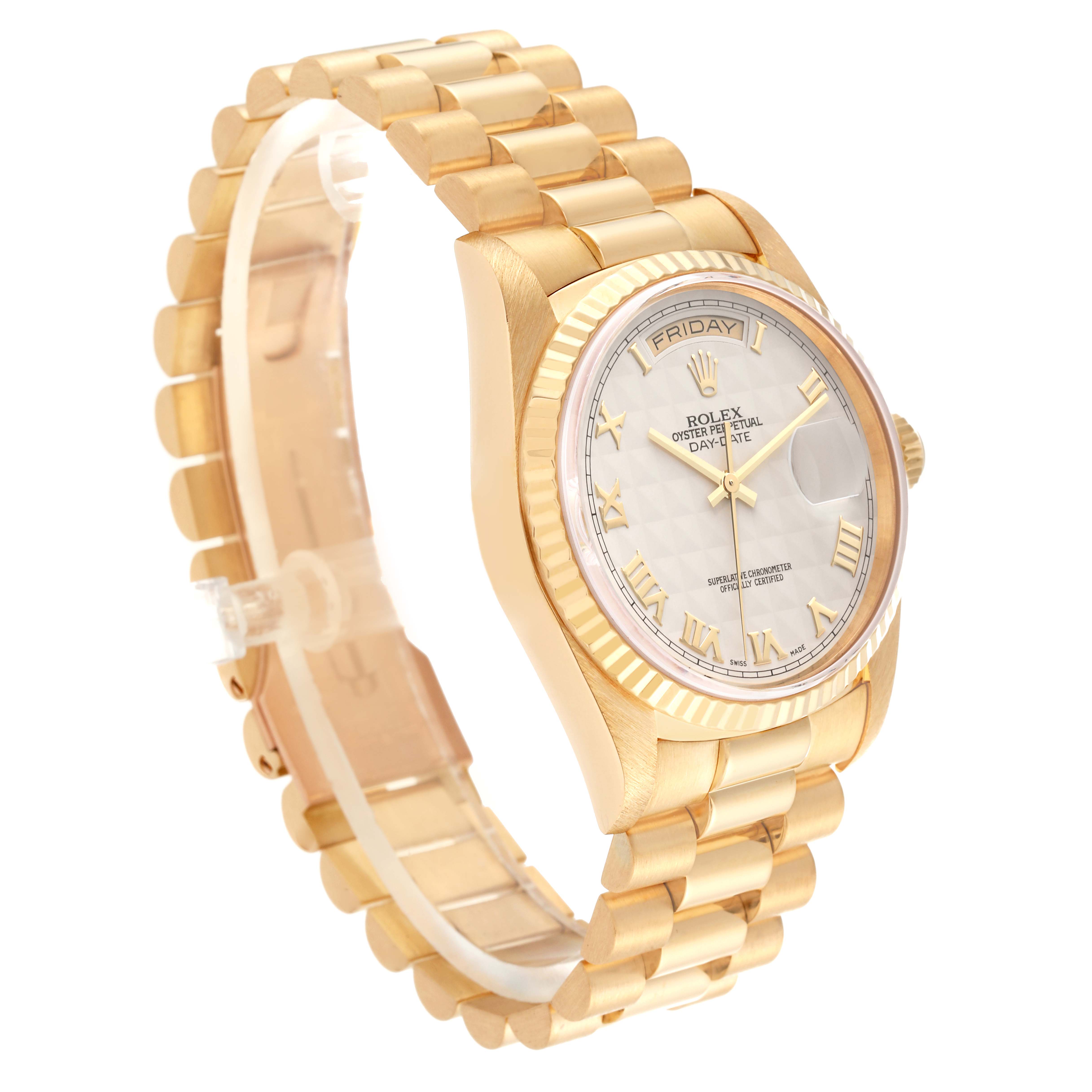 The Rolex President 18238 Men
s Yellow Gold White Dial 18238 Men
s Yellow Gold White Dial model watch is shown from an angled side view, displaying its gold band, bezel, and dial.