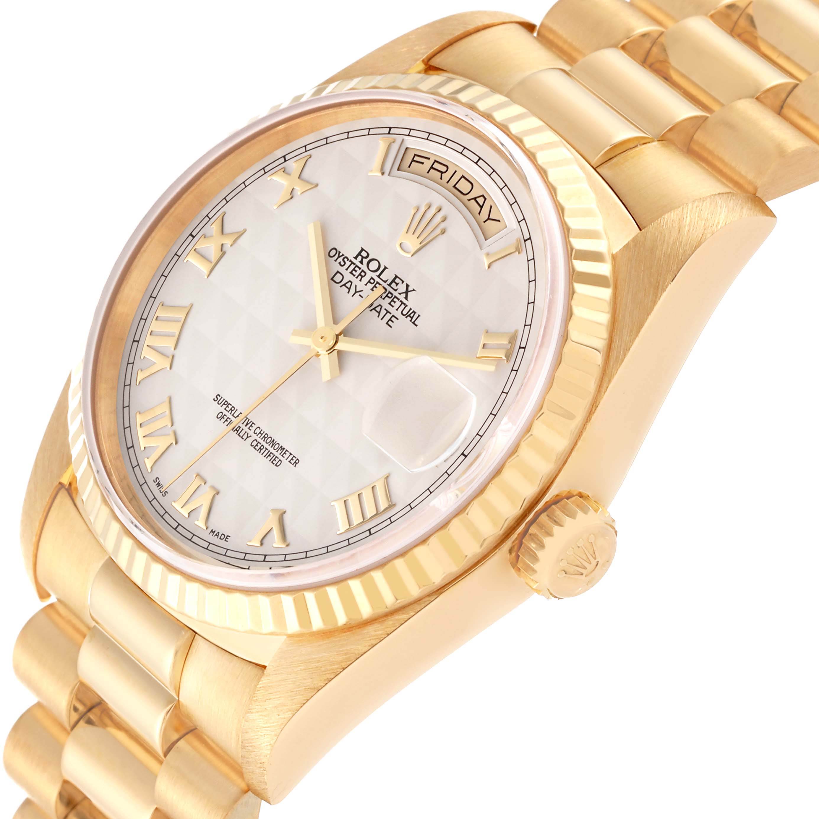 The image shows a close-up angle of a Rolex President 18238 Men
s Yellow Gold White Dial 18238 Men
s Yellow Gold White Dial model watch, highlighting the dial, bezel, and part of the bracelet.