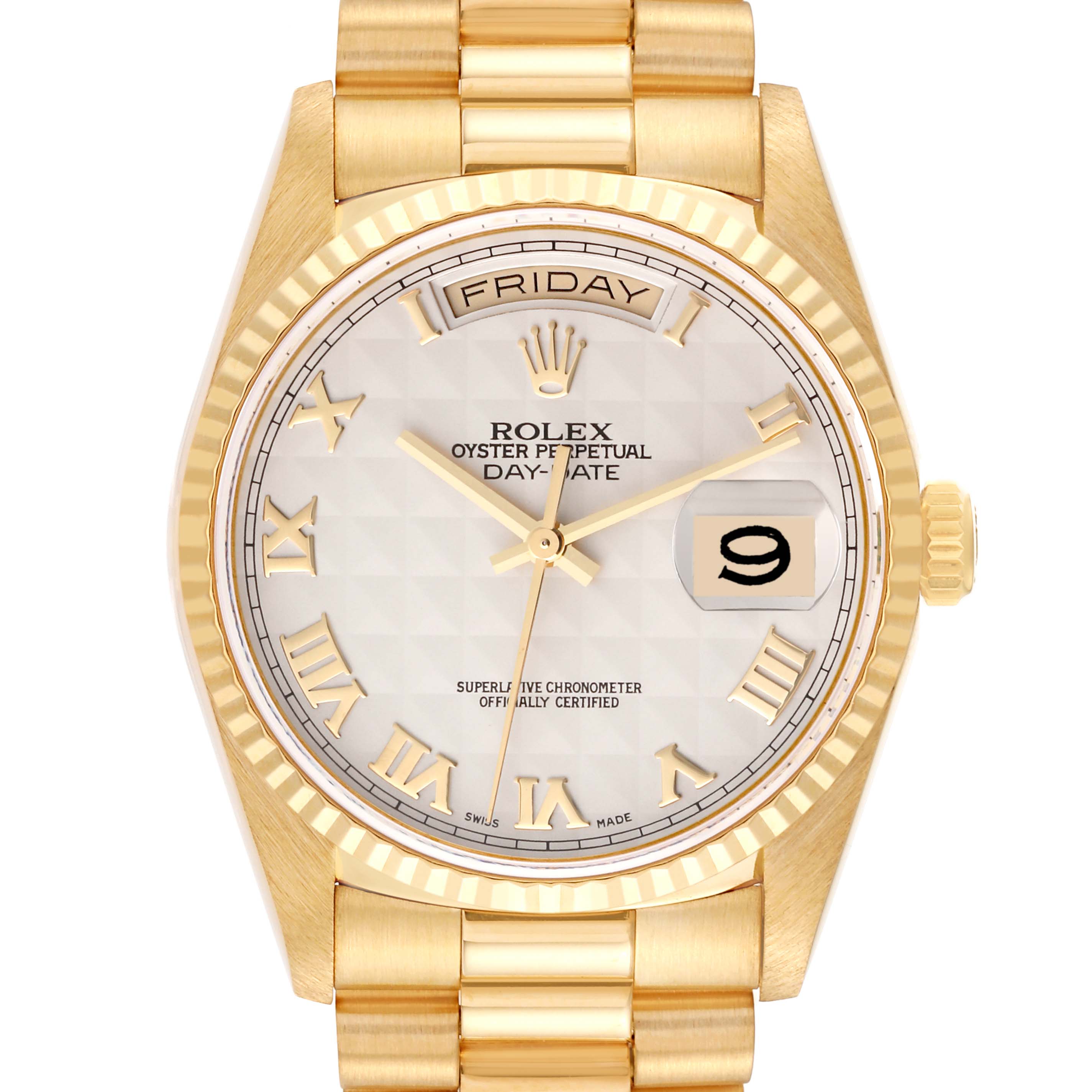 This image shows a front view of the Rolex President 18238 Men
s Yellow Gold White Dial 18238 Men
s Yellow Gold White Dial Day-Date watch, including the dial, hands, bracelet, and crown.