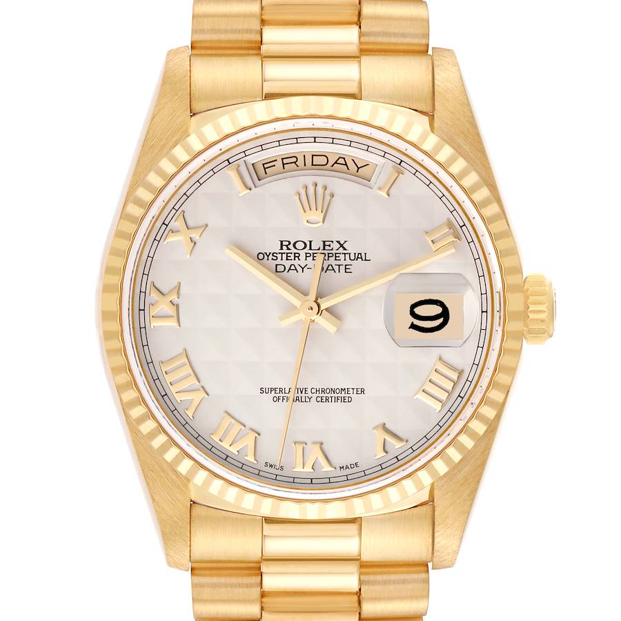 This image shows a front view of the Rolex President Day-Date watch, including the dial, hands, bracelet, and crown.