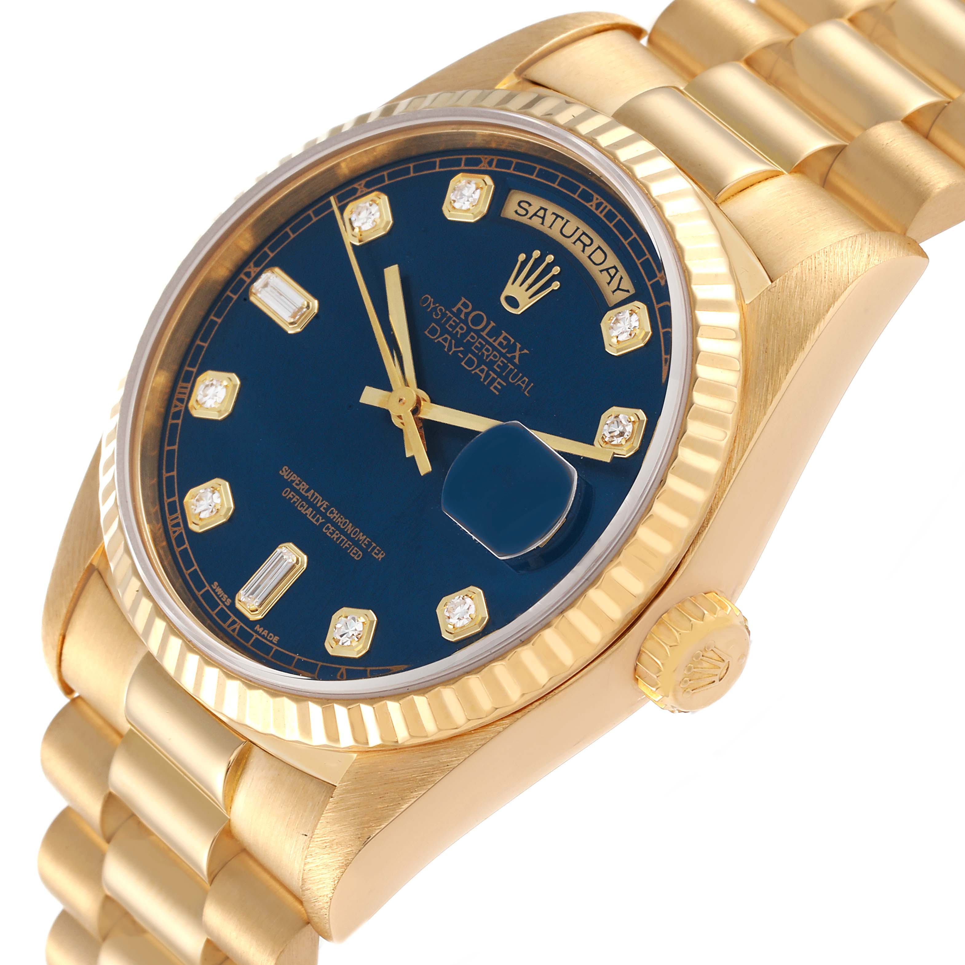 The image shows a side angle of the Rolex President 18238 Men's Yellow Gold Blue Dial 18238 Men's Yellow Gold Blue Dial watch, showcasing its blue dial, gold bracelet, and fluted bezel.