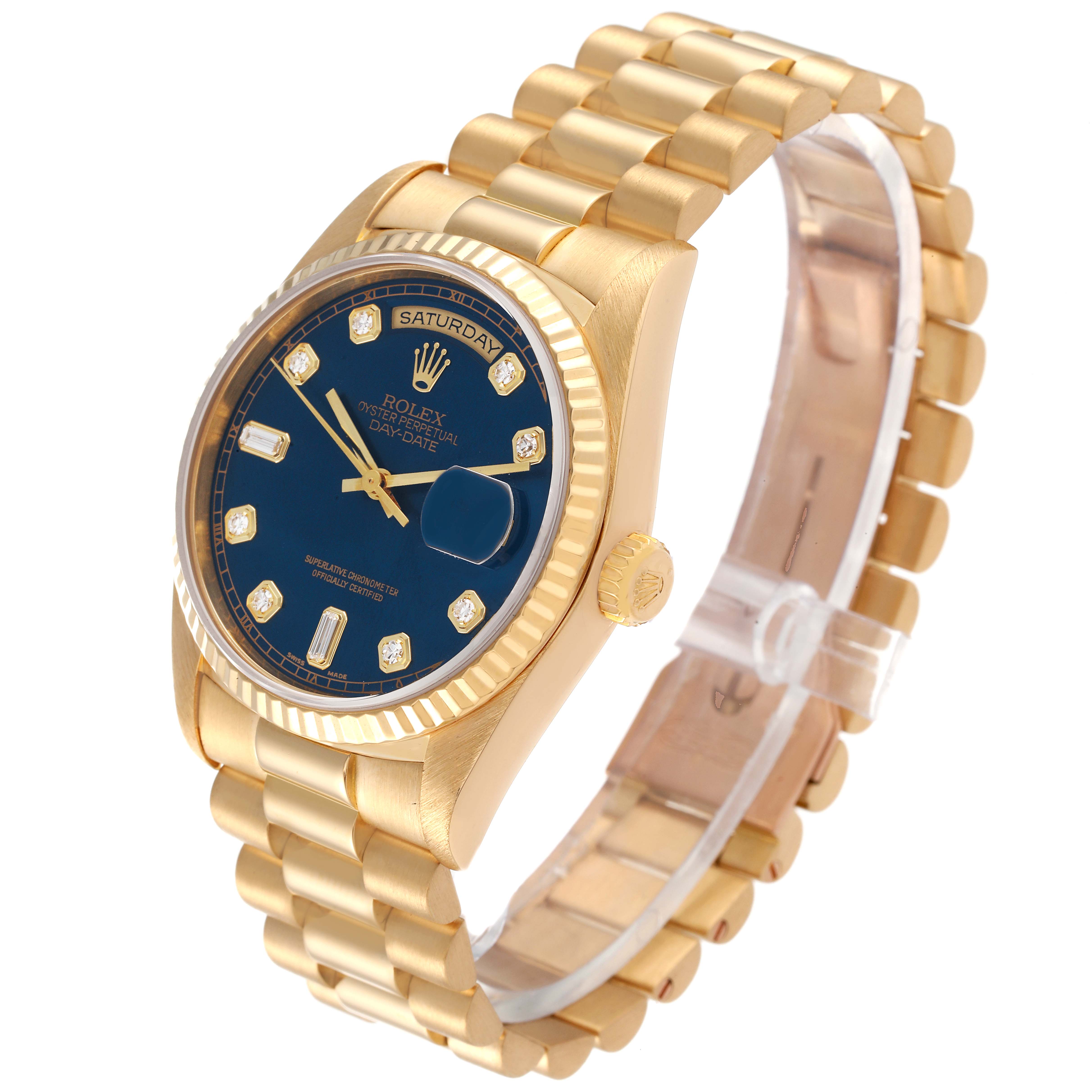The image shows a Rolex President 18238 Men's Yellow Gold Blue Dial 18238 Men's Yellow Gold Blue Dial Day-Date watch at a three-quarter angle, highlighting the gold band, blue dial, and fluted bezel.
