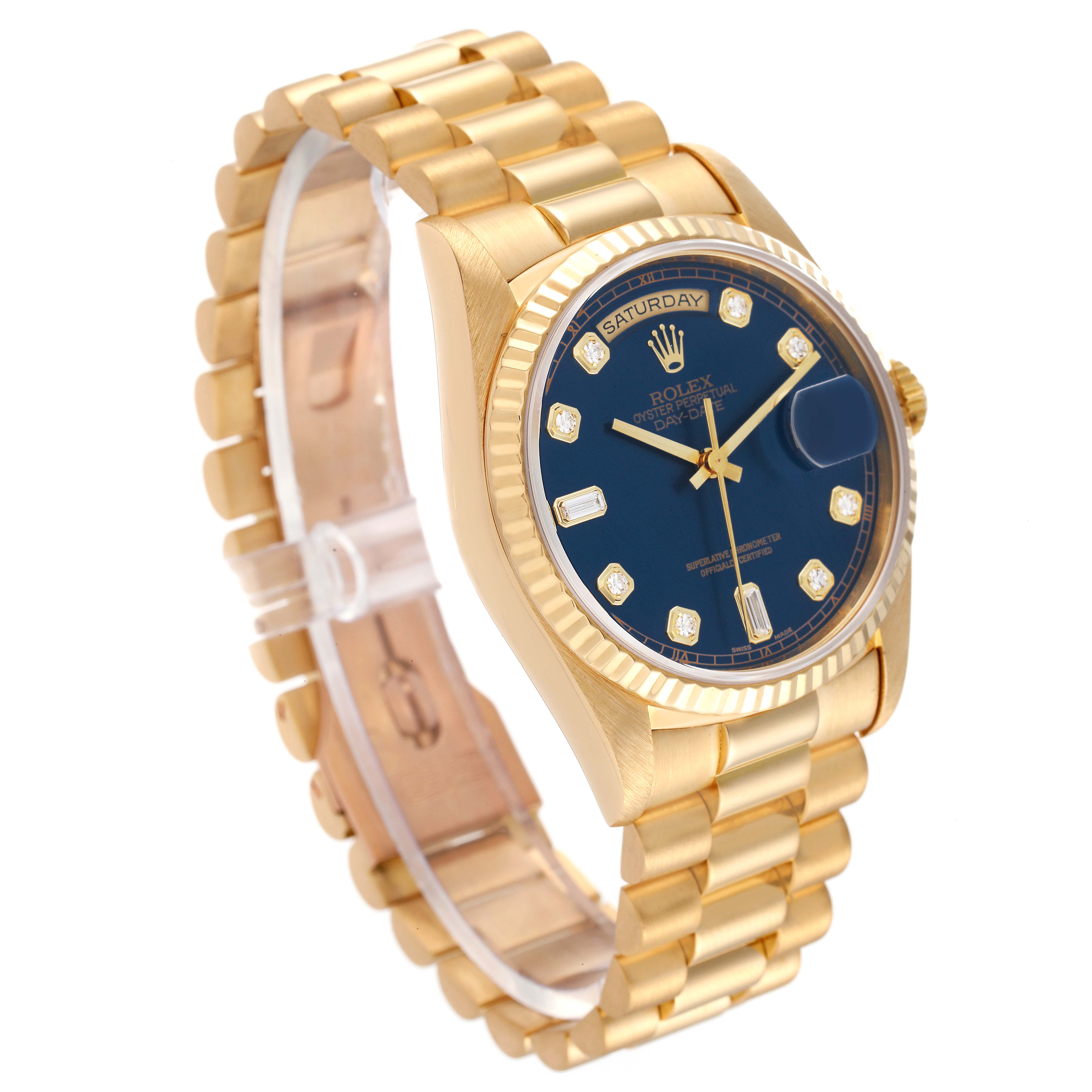 This image shows a detailed angled view of the Rolex President 18238 Men's Yellow Gold Blue Dial 18238 Men's Yellow Gold Blue Dial model watch, highlighting the blue dial, gold case, and bracelet.