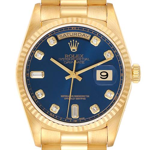 Photo of Rolex President Day-Date Yellow Gold Blue Diamond Dial Watch 18238 Box  Papers