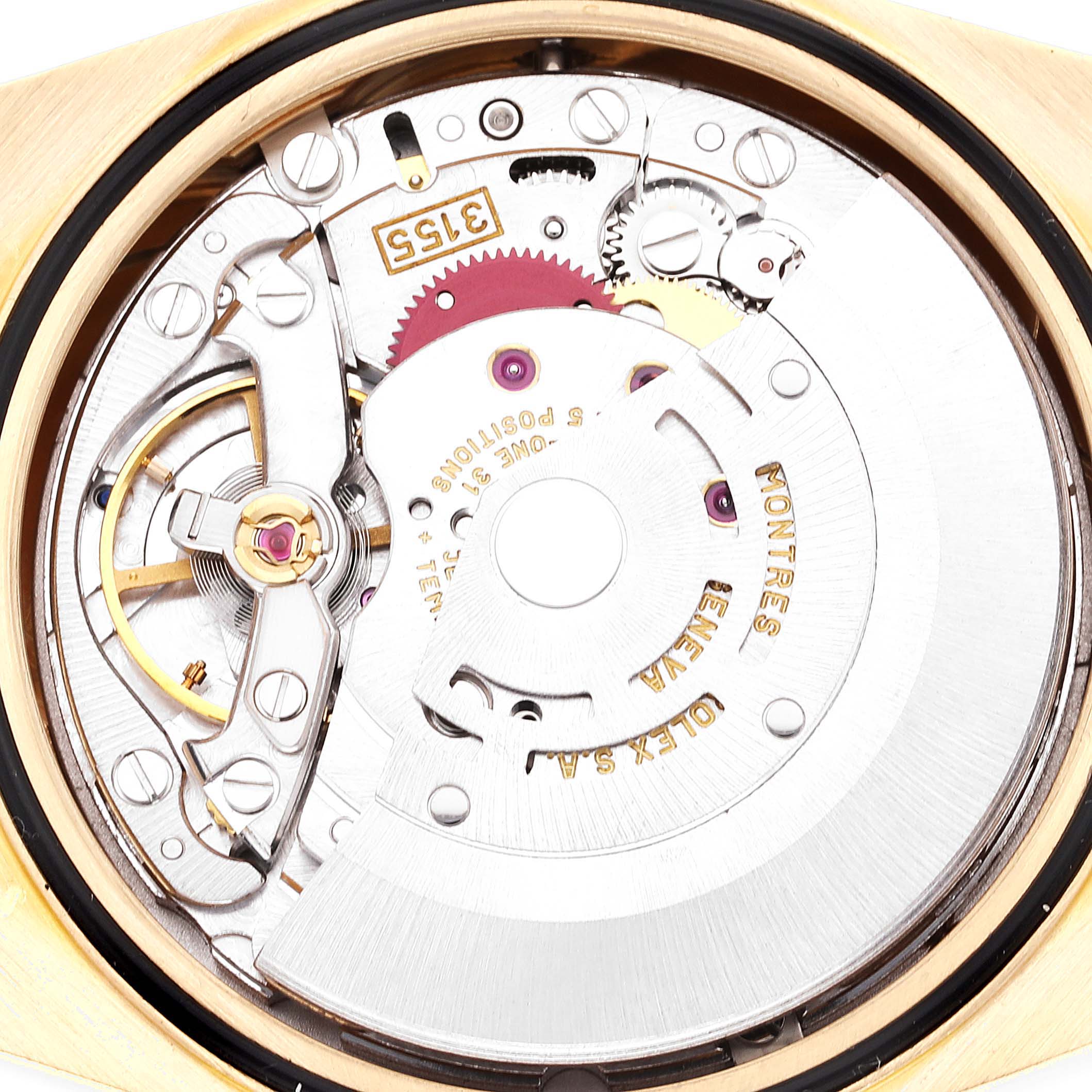 This image shows the movement and internal components of a Rolex President 18238 Men's Yellow Gold Blue Dial 18238 Men's Yellow Gold Blue Dial watch from a top-down angle.