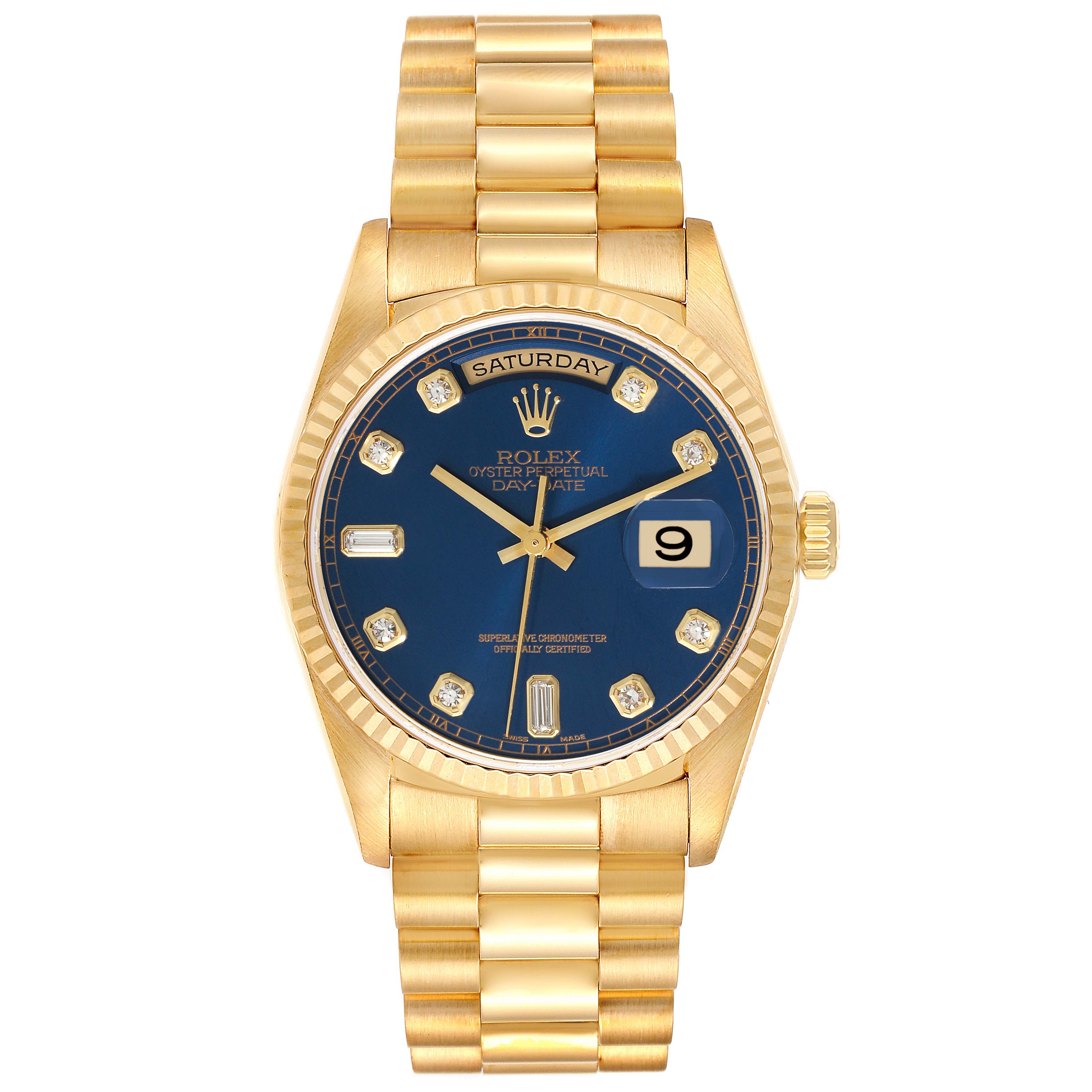 The image shows a front view of the Rolex President 18238 Men's Yellow Gold Blue Dial 18238 Men's Yellow Gold Blue Dial model watch, highlighting its blue dial, diamond hour markers, and gold bracelet.