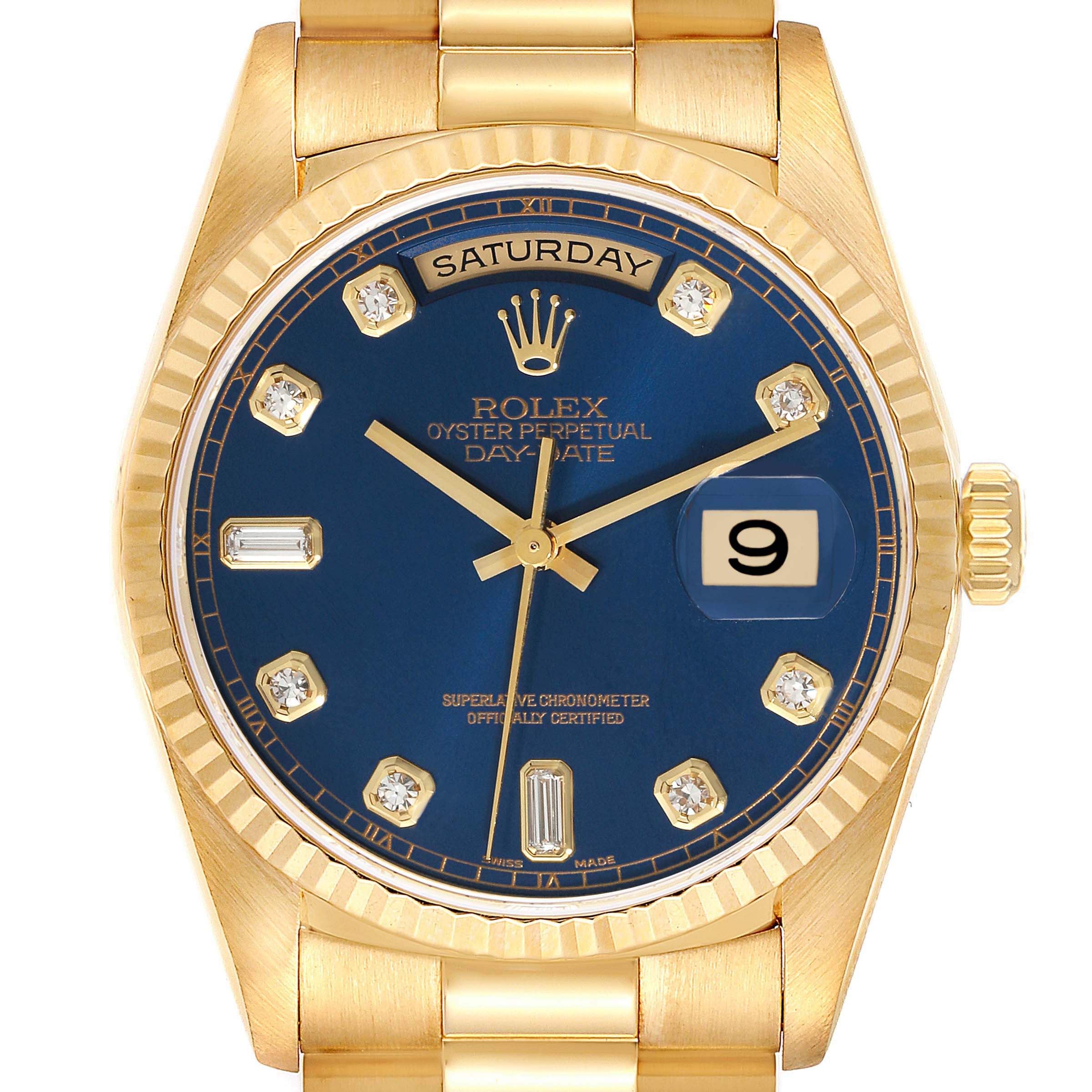 This image shows a front view of the Rolex President 18238 Men's Yellow Gold Blue Dial 18238 Men's Yellow Gold Blue Dial model watch, highlighting its blue dial, gold case, and day-date features.