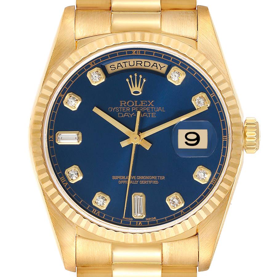 Rolex President Day-Date Yellow Gold Blue Diamond Dial Watch 18238 Box  Papers SwissWatchExpo