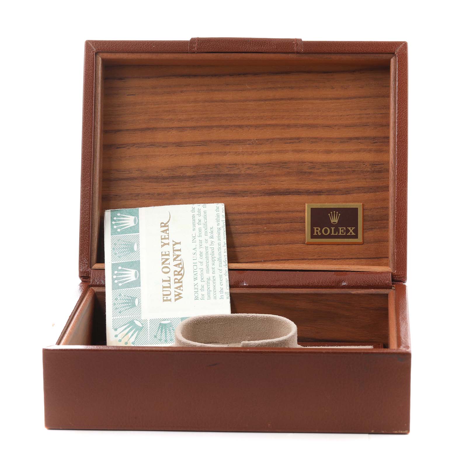 The image shows an open box for a Rolex President 18238 Men's Yellow Gold Blue Dial 18238 Men's Yellow Gold Blue Dial model watch with a warranty card and cushion inside.