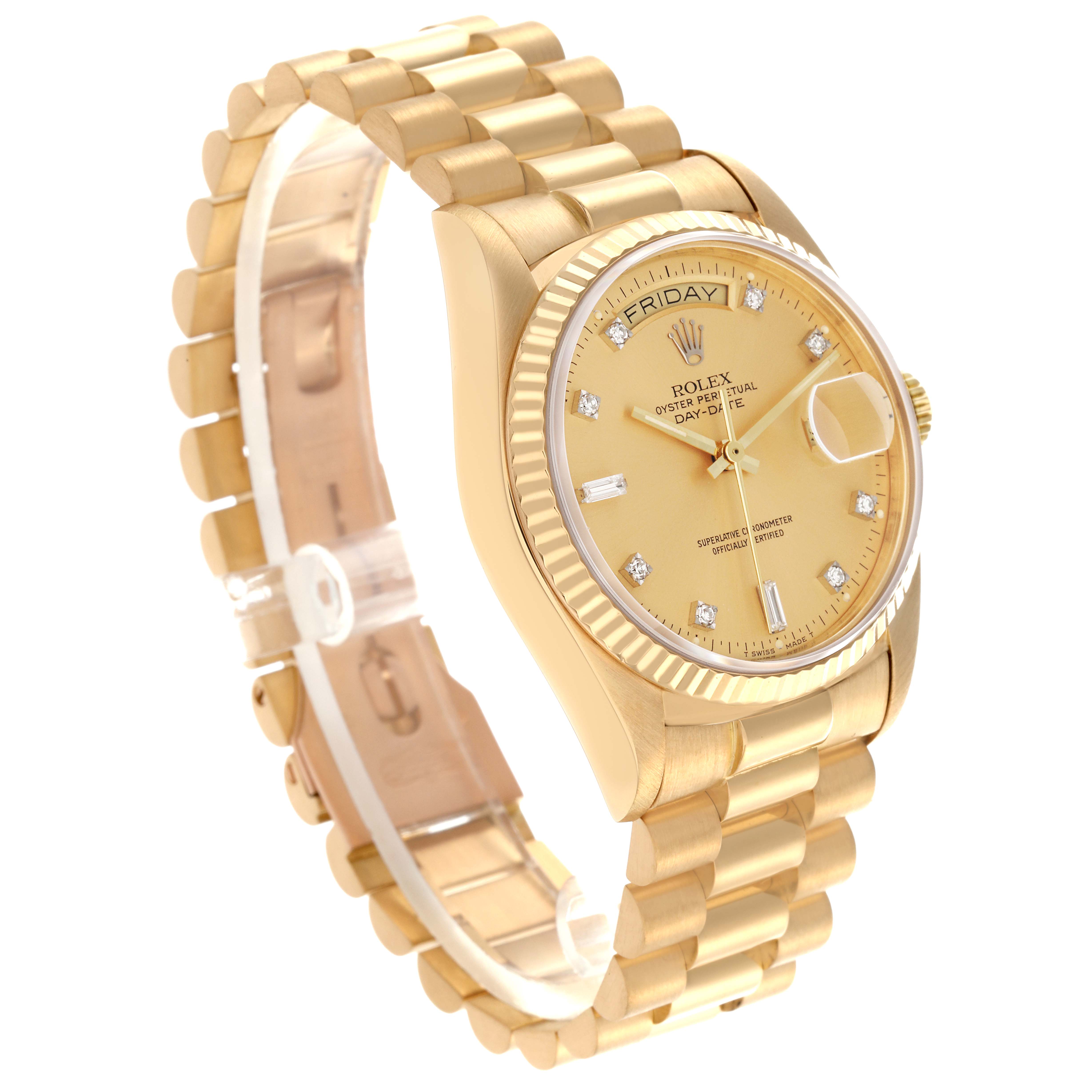 The Rolex President 18038 Men
s Yellow Gold Champagne Dial 18038 Men
s Yellow Gold Champagne Dial model is shown at an angle highlighting the dial, fluted bezel, and bracelet.