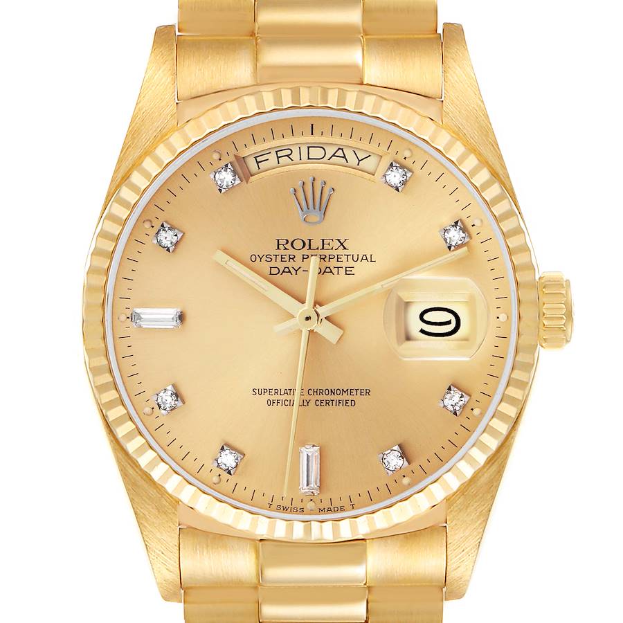 The Rolex President model watch is shown from a front angle, displaying the full dial, bezel, crown, and part of the bracelet.