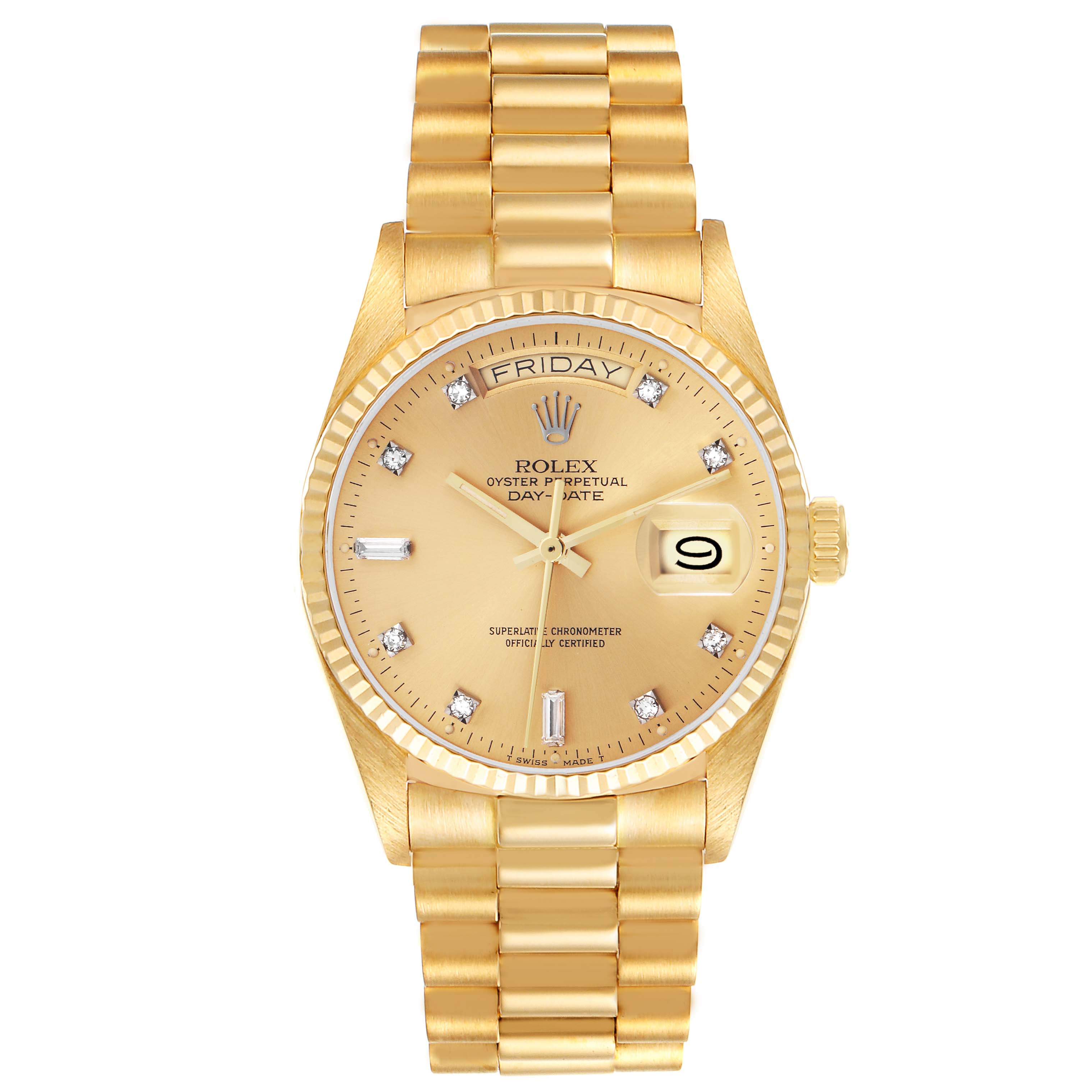 The Rolex President 18038 Men
s Yellow Gold Champagne Dial 18038 Men
s Yellow Gold Champagne Dial model watch is shown from the front, displaying the dial, day, date, case, and bracelet.