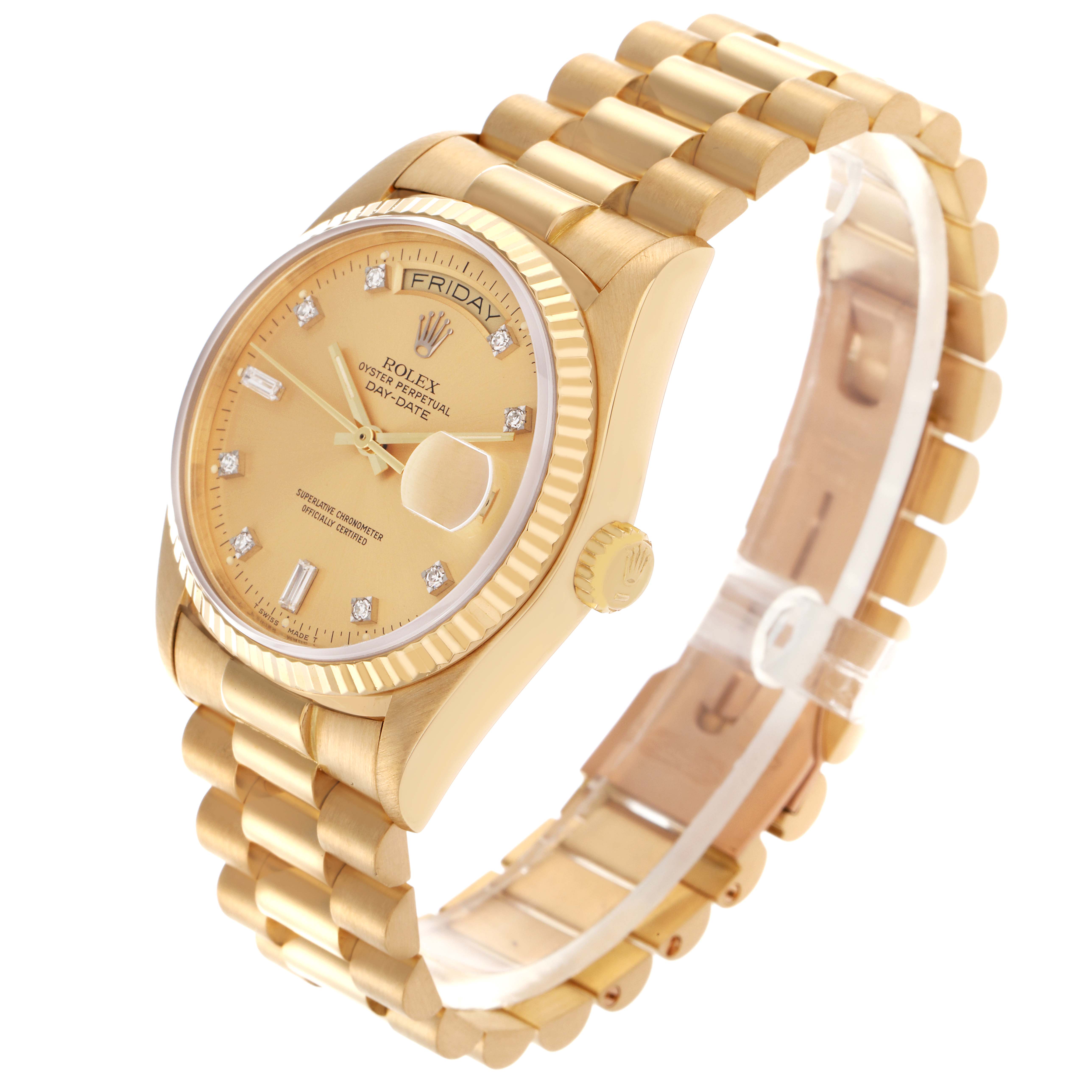 The Rolex President 18038 Men
s Yellow Gold Champagne Dial 18038 Men
s Yellow Gold Champagne Dial watch is shown at an oblique angle, highlighting the dial, bezel, bracelet, and crown.