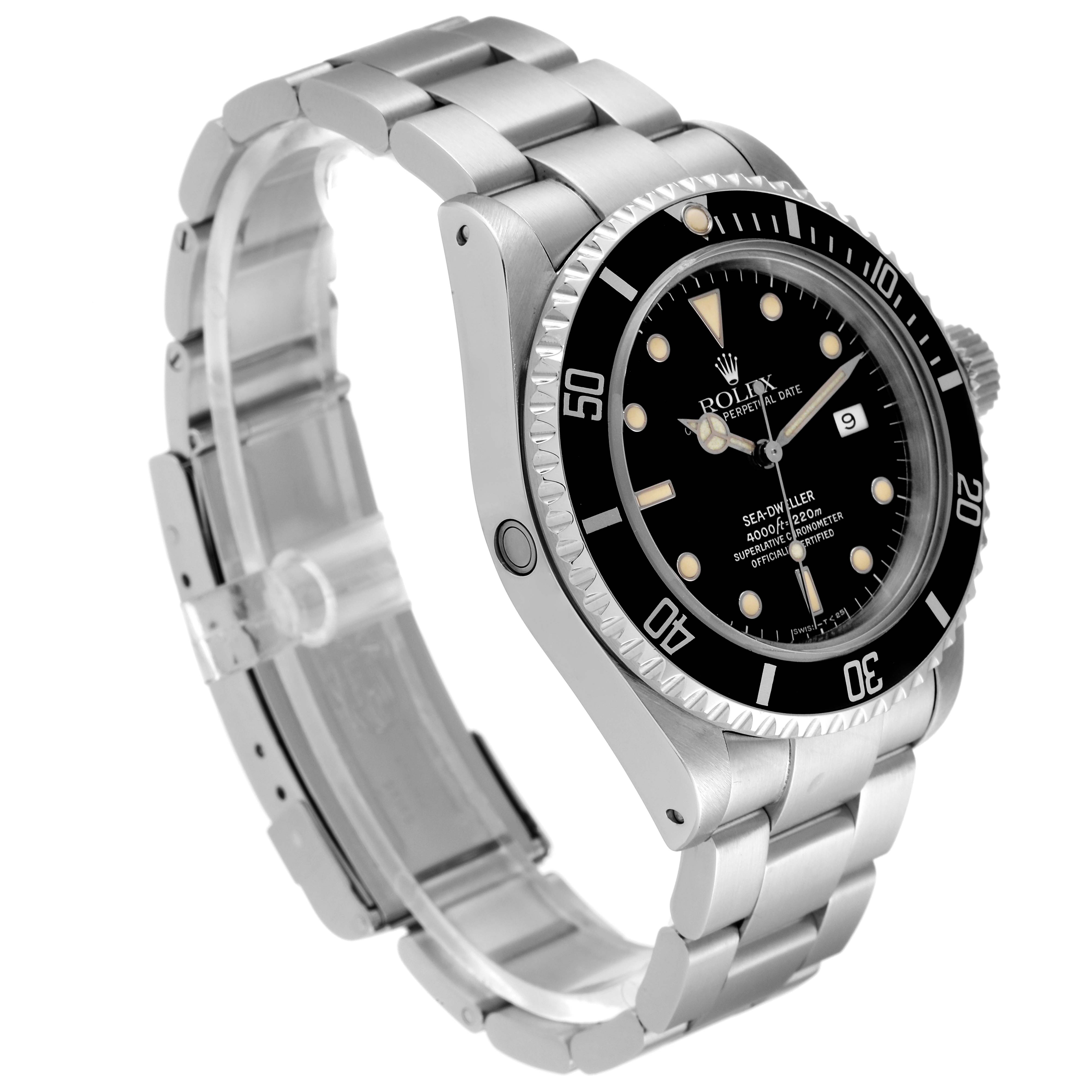 The image shows a side and front angled view of a Rolex Sea-Dweller 16600 Men
s Stainless Steel Black Dial 16600 Men
s Stainless Steel Black Dial watch, highlighting the dial, bezel, and stainless steel bracelet.