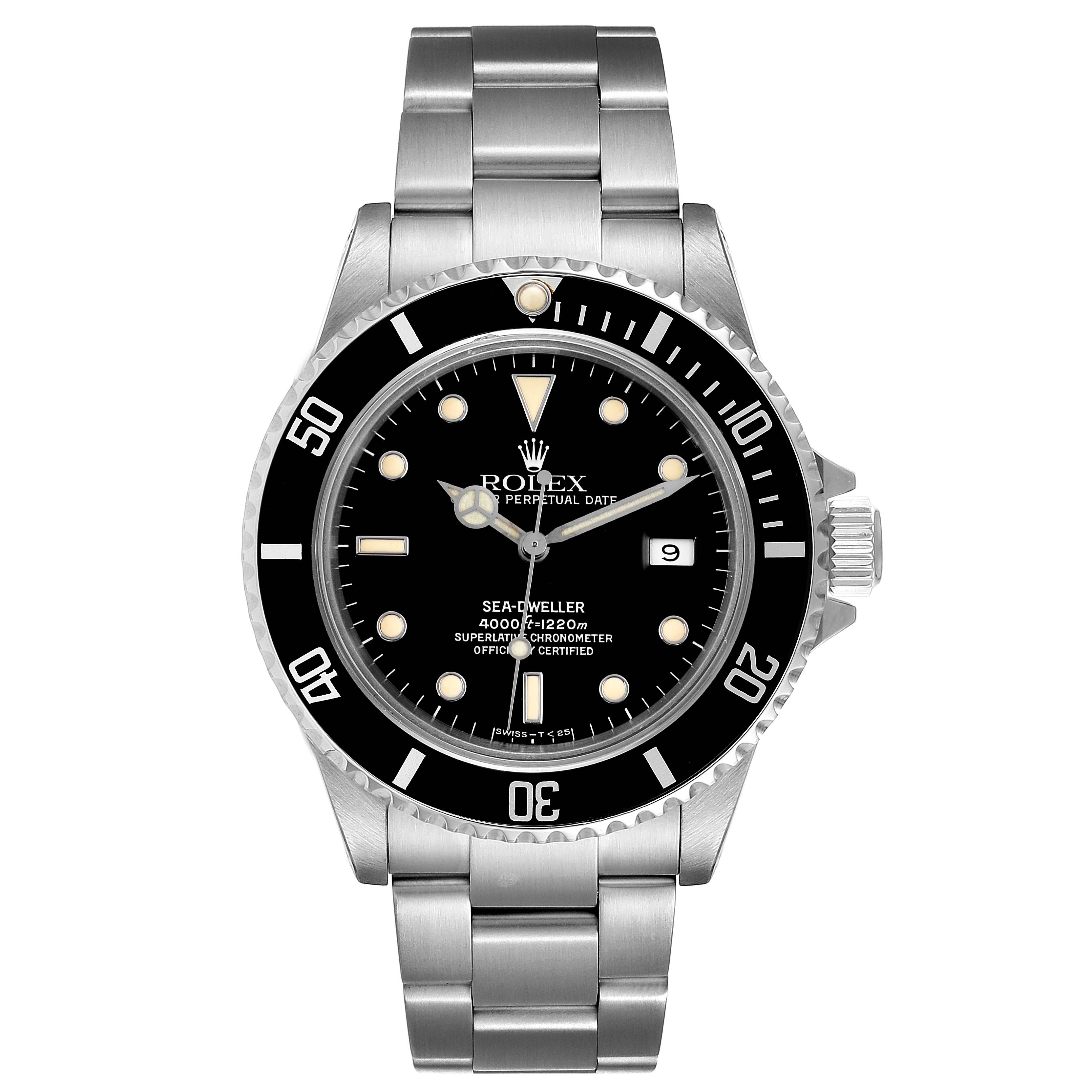 The image shows a front view of a Rolex Sea-Dweller 16600 Men
s Stainless Steel Black Dial 16600 Men
s Stainless Steel Black Dial watch, highlighting its dial, bezel, and bracelet.