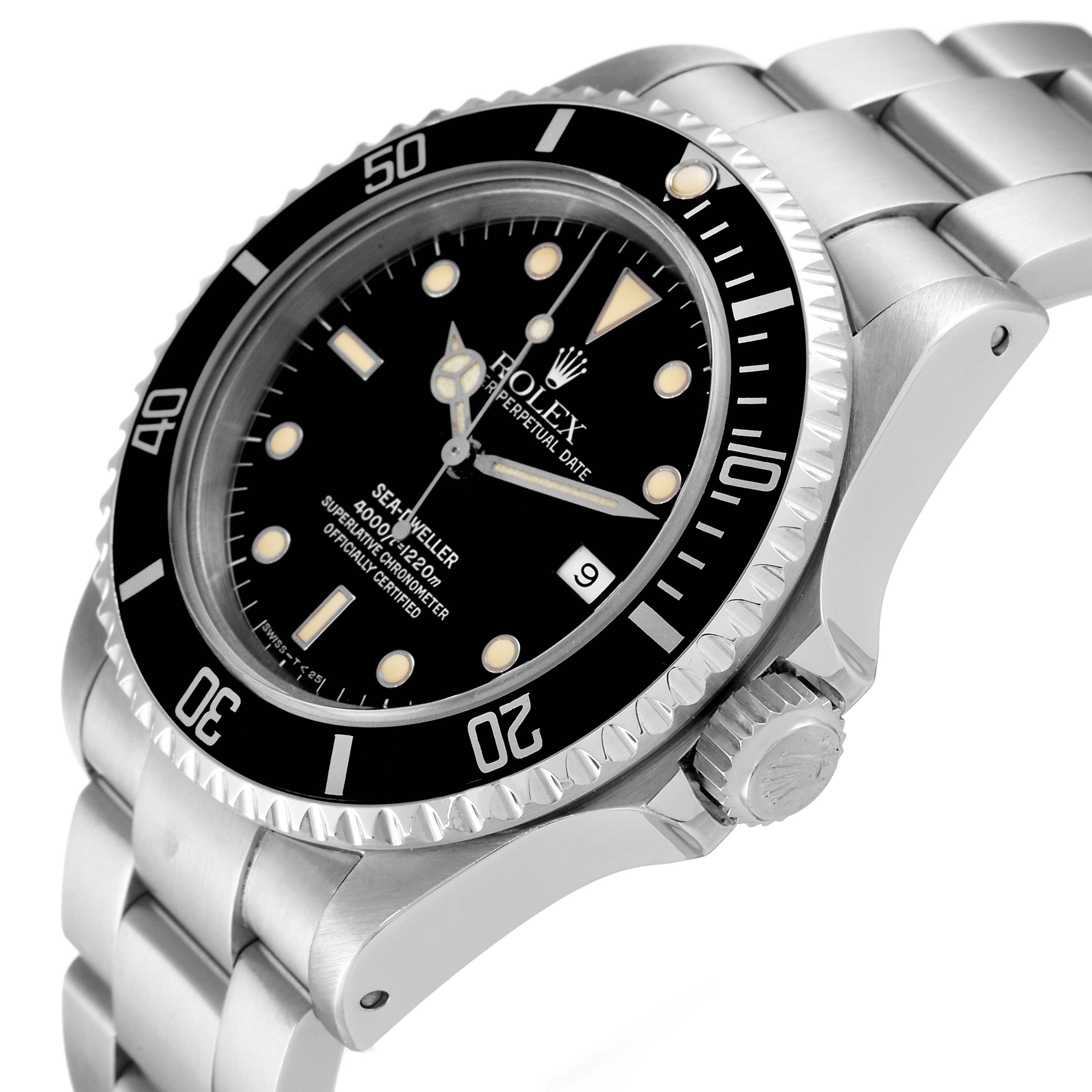 This Rolex Sea-Dweller 16600 Men
s Stainless Steel Black Dial 16600 Men
s Stainless Steel Black Dial model is shown from an angled side view, highlighting the dial, bezel, and crown.