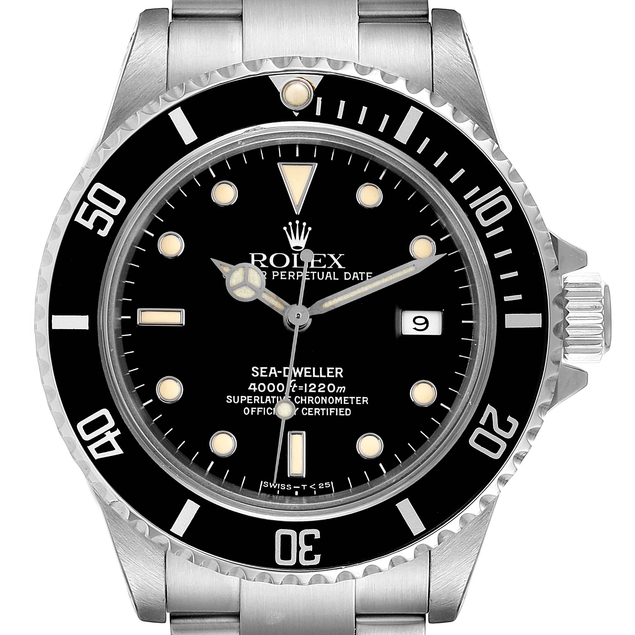 The image shows a front view of the Rolex Sea-Dweller 16600 Men
s Stainless Steel Black Dial 16600 Men
s Stainless Steel Black Dial watch, displaying the dial, bezel, and part of the bracelet.