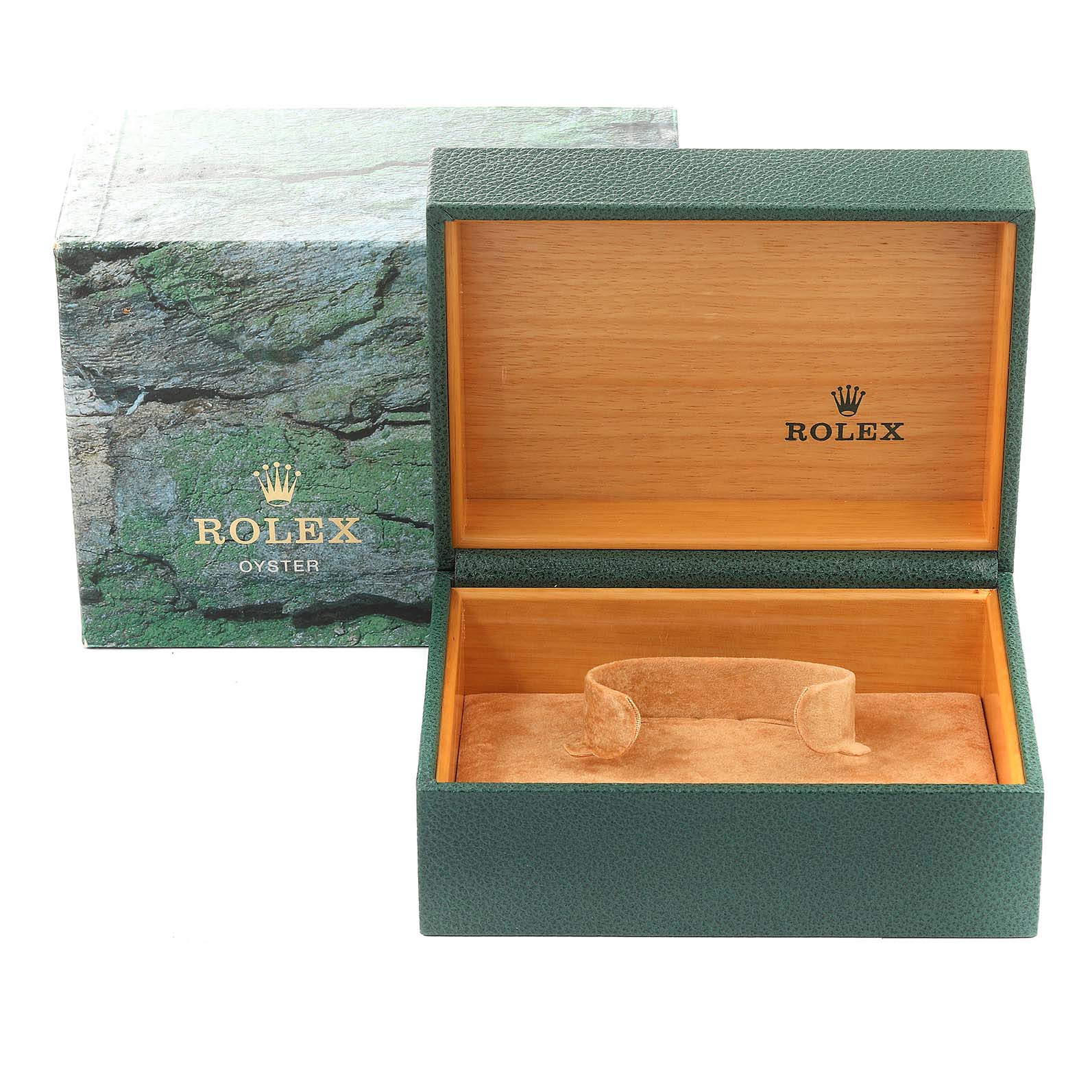 This image shows the open box and outer packaging for a Rolex Sea-Dweller 16600 Men
s Stainless Steel Black Dial 16600 Men
s Stainless Steel Black Dial watch, displaying the interior cushion and wooden finish.