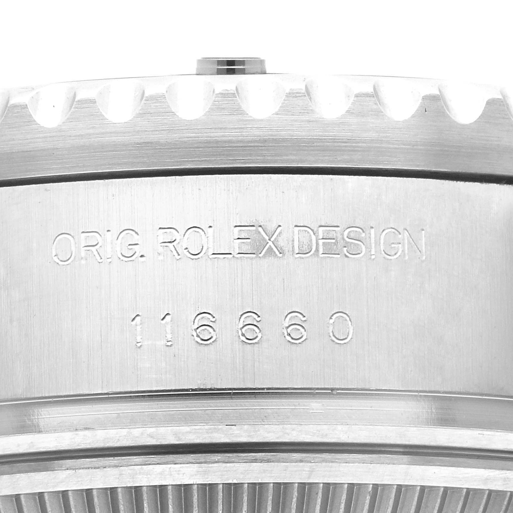 This image shows a close-up of the side of a Rolex Sea-Dweller 116660 Men
s Stainless Steel Blue Dial 116660 Men
s Stainless Steel Blue Dial watch, displaying the model number 116660 and "ORIG. ROLEX DESIGN" engraving.