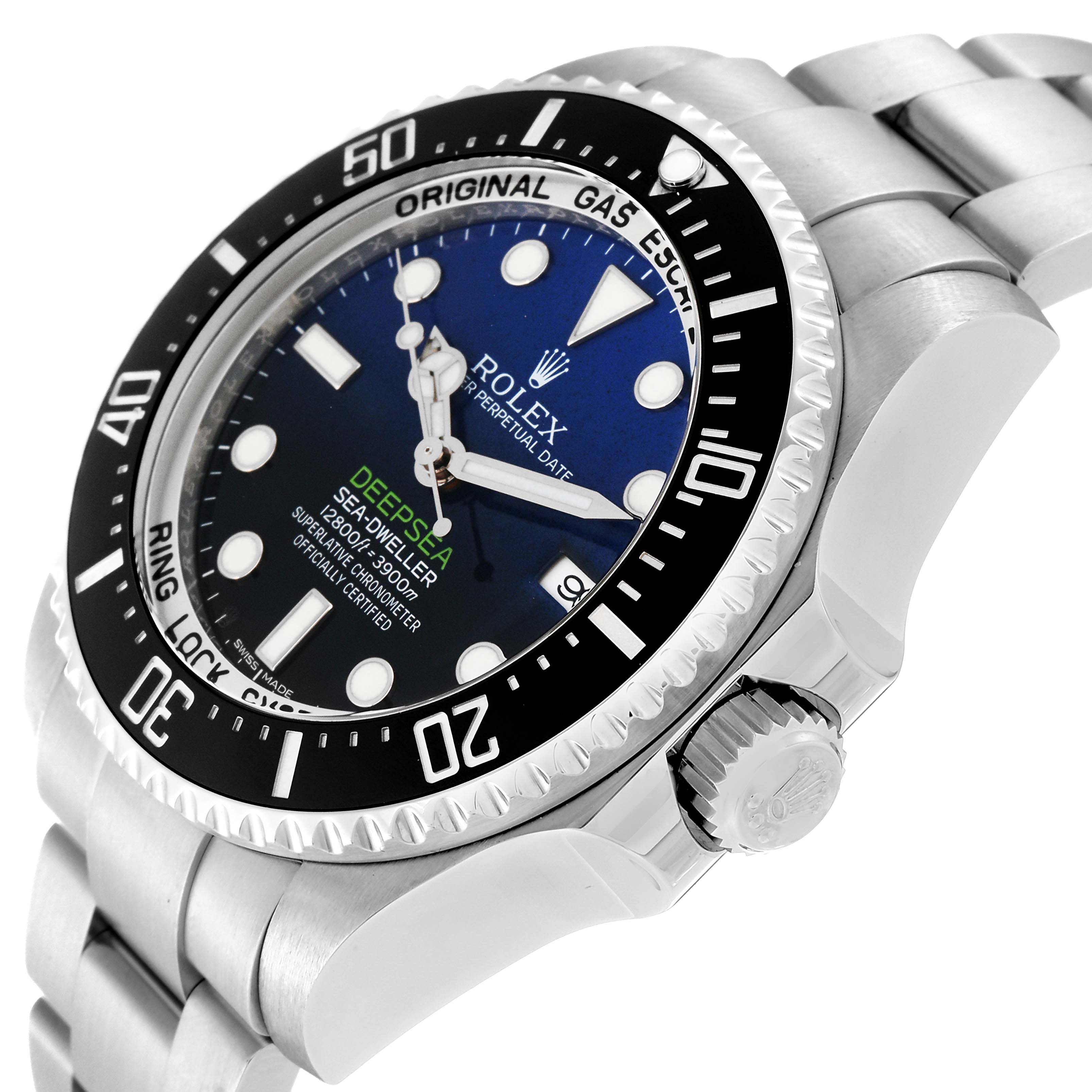 The image displays a side angle of the Rolex Sea-Dweller 116660 Men
s Stainless Steel Blue Dial 116660 Men
s Stainless Steel Blue Dial watch, showcasing its bezel, dial, bracelet, and crown.