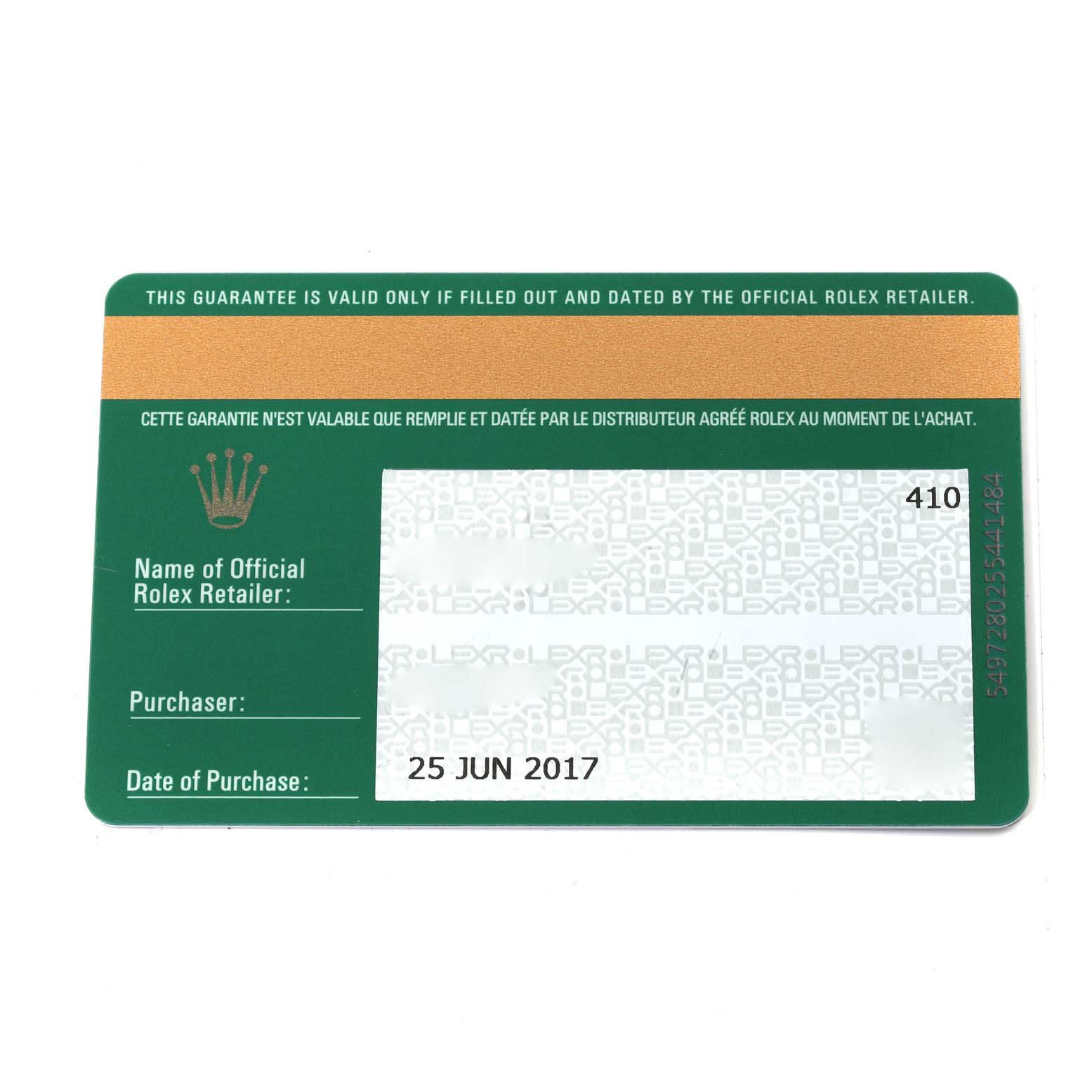 This image shows a warranty card for the Rolex Sea-Dweller 116660 Men
s Stainless Steel Blue Dial 116660 Men
s Stainless Steel Blue Dial watch, highlighting purchase details and retailer information.