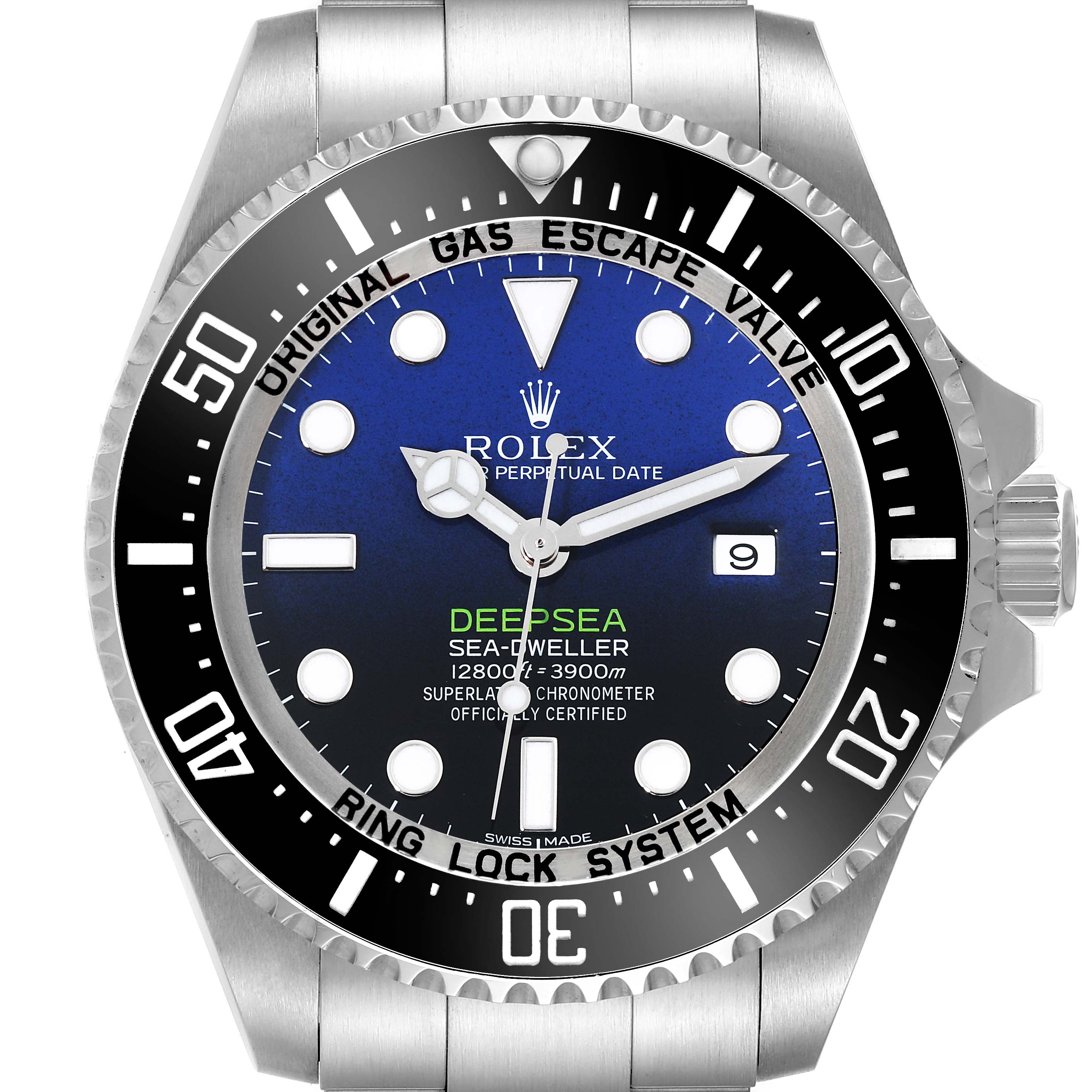 This image shows a front view of the Rolex Sea-Dweller 116660 Men
s Stainless Steel Blue Dial 116660 Men
s Stainless Steel Blue Dial watch, highlighting the bezel, dial, hands, and date window.